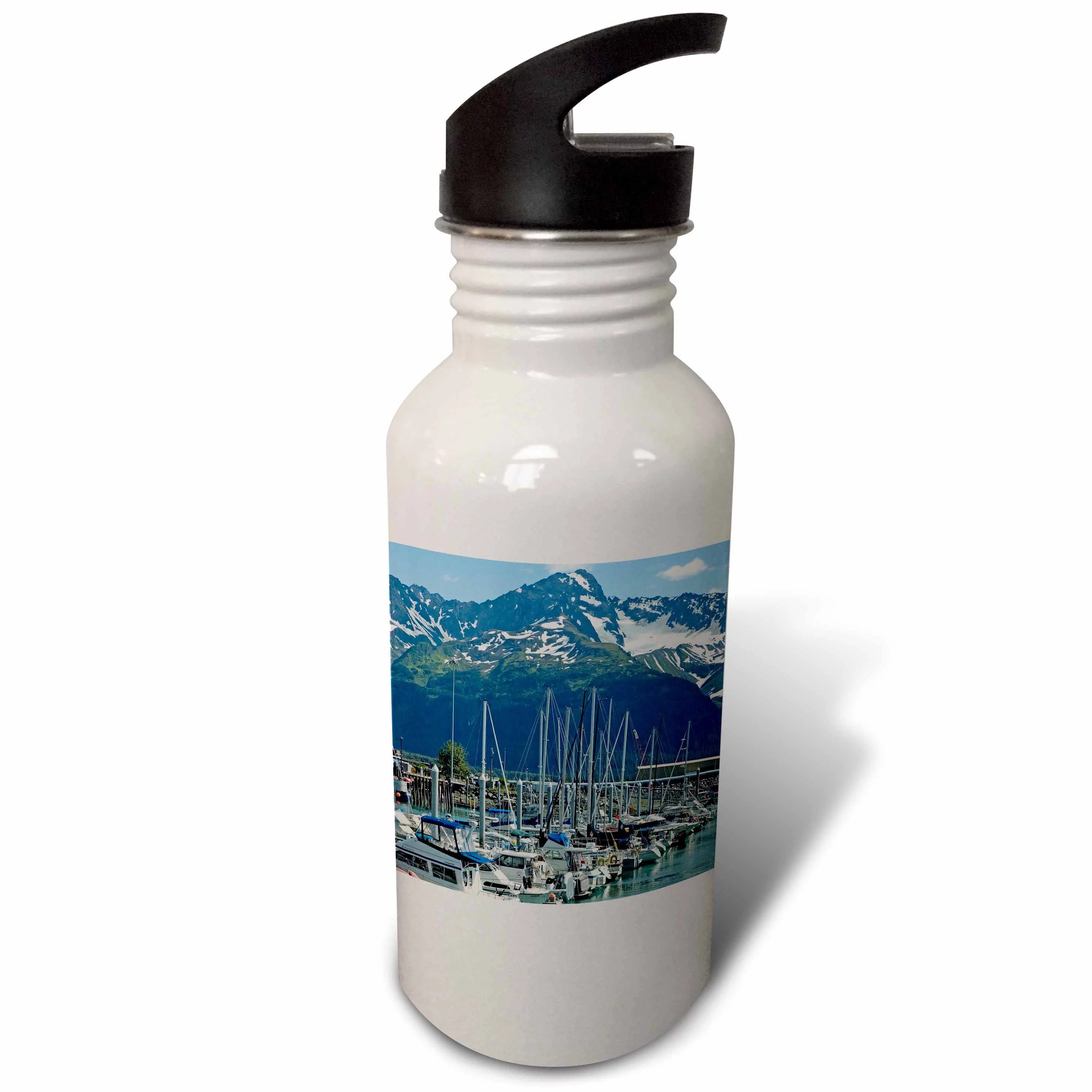 Boats at the pier in Seward Alaska against snow capped mountains 21 oz Sports Water Bottle wb-224751-1