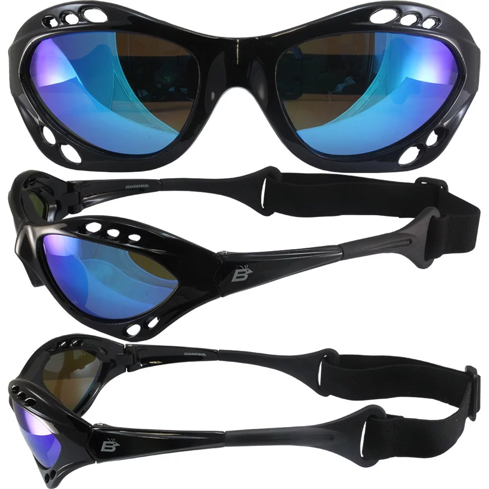 Birdz Seahawk Padded Polarized Sunglasses Jet Ski Kayaking Watersports Jetski Goggles with Built in Strap Black Frame and Blue Mirror Lens