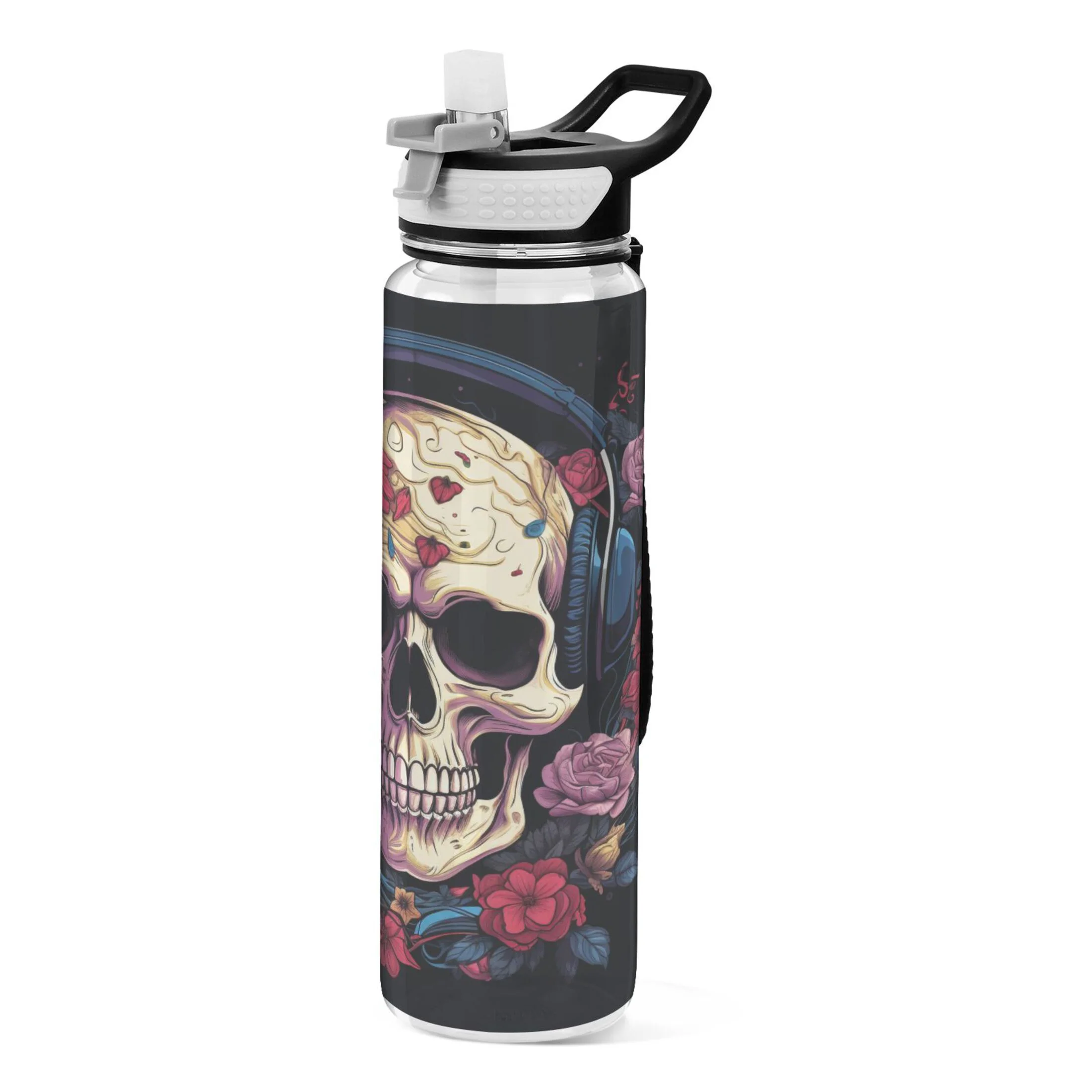 A Skeleton Listening Music 32oz Sports Water Bottles Leakproof Tritan Bottle with Straw BPA Free Clear Bottle for Fitness Gym Outdoor Cycling