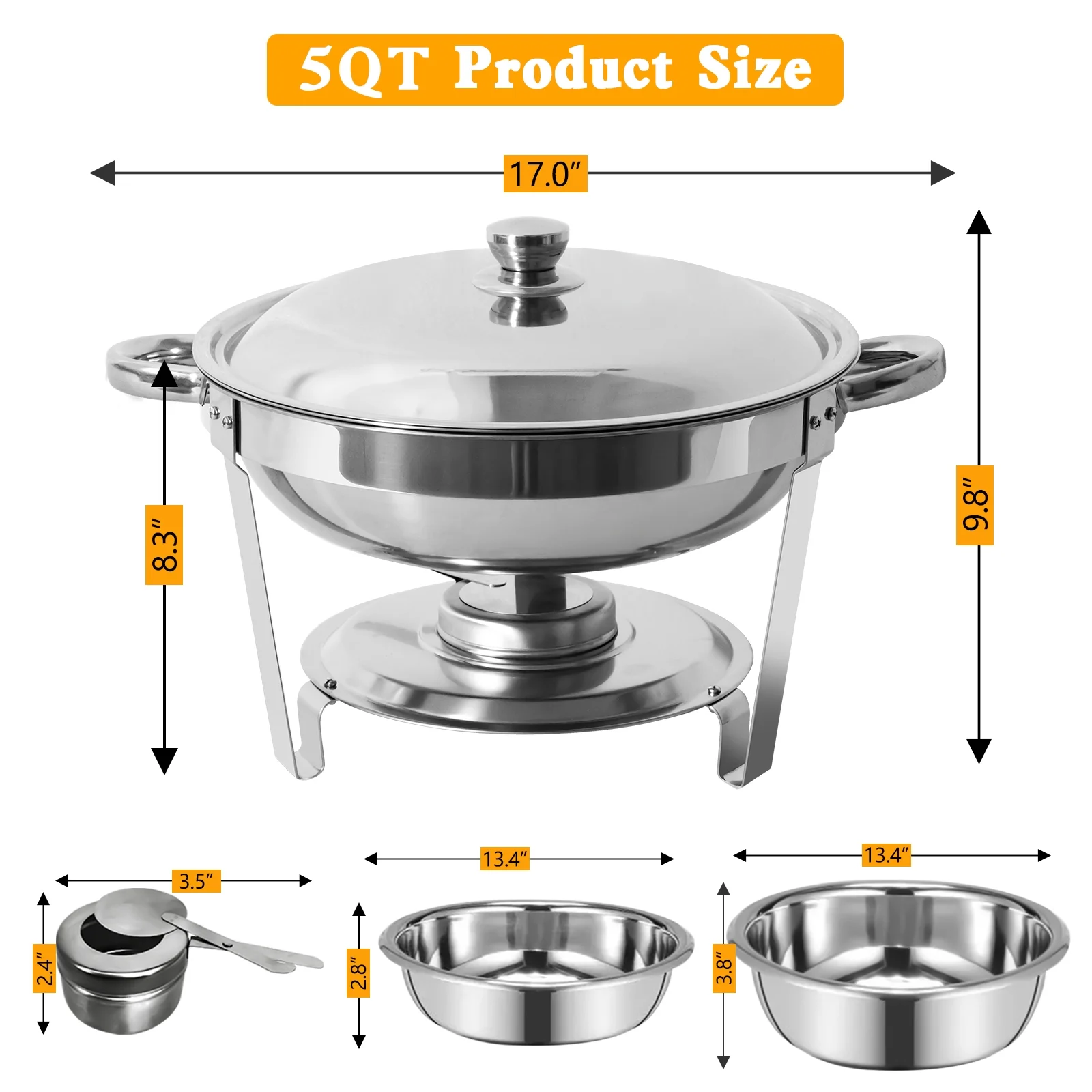 PRIJESSE Chafing Dish Buffet Set, 5Qt 4-Pack Stainless Steel Round Catering Warmer Set for Breakfast,Party