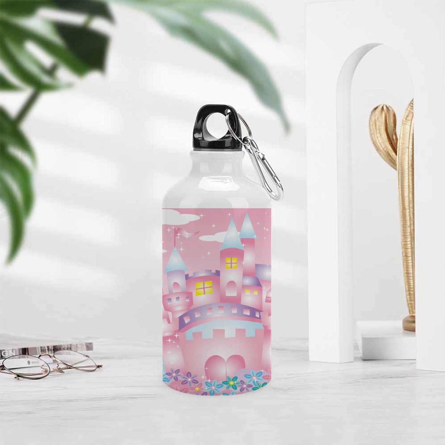 GZHJMY Sports Water Bottles, Pink Castle Large Capacity Aluminium Portable Leakproof Lightweight Drink Bottles for Fitness and Outdoor Enthusiasts