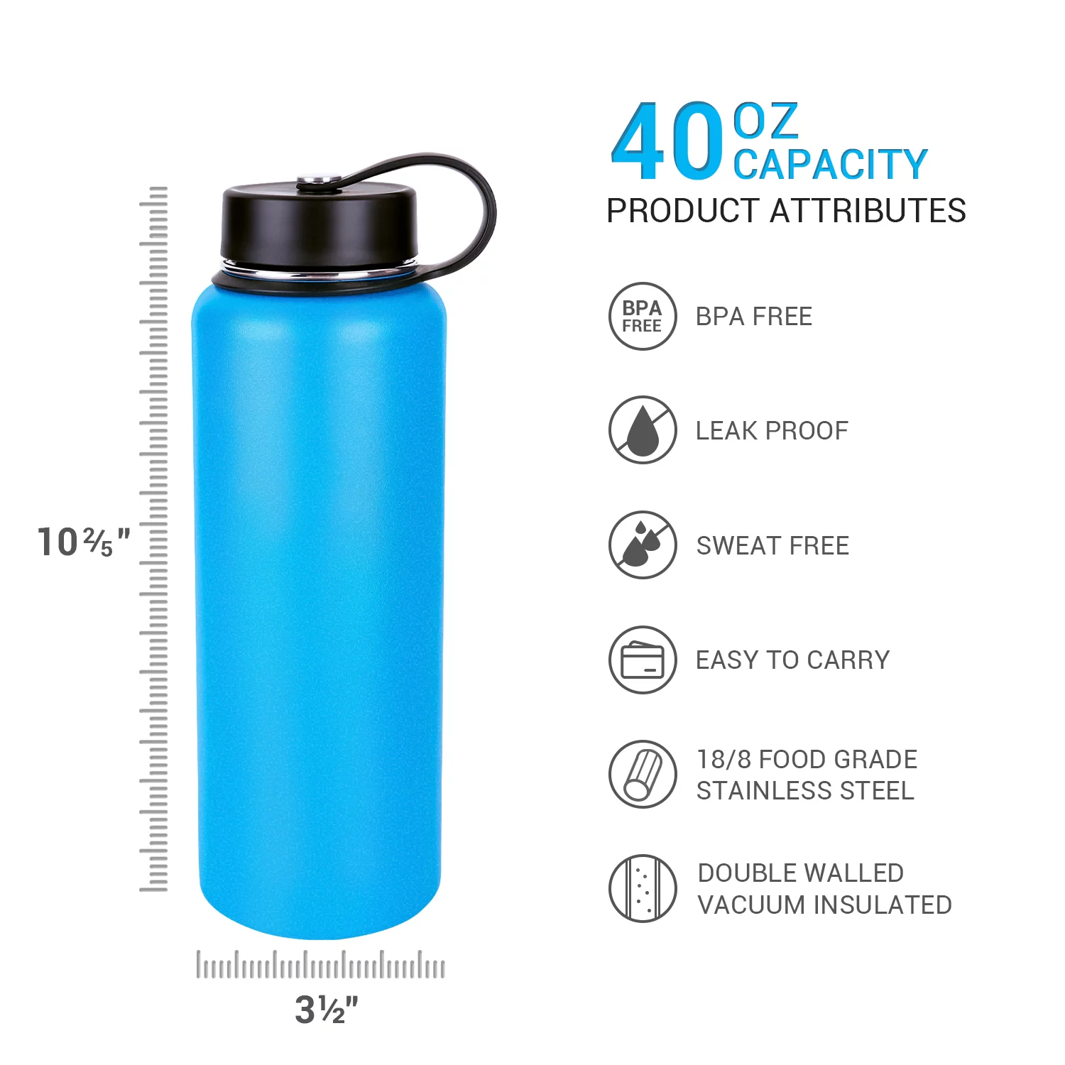 S.Y Home&Outdoor Insulated Water Bottle Wide Mouth Stainless Steel Vacuum Insulated Travel Sports Water Bottle, BPA Free, Waterproof - 40oz Blue