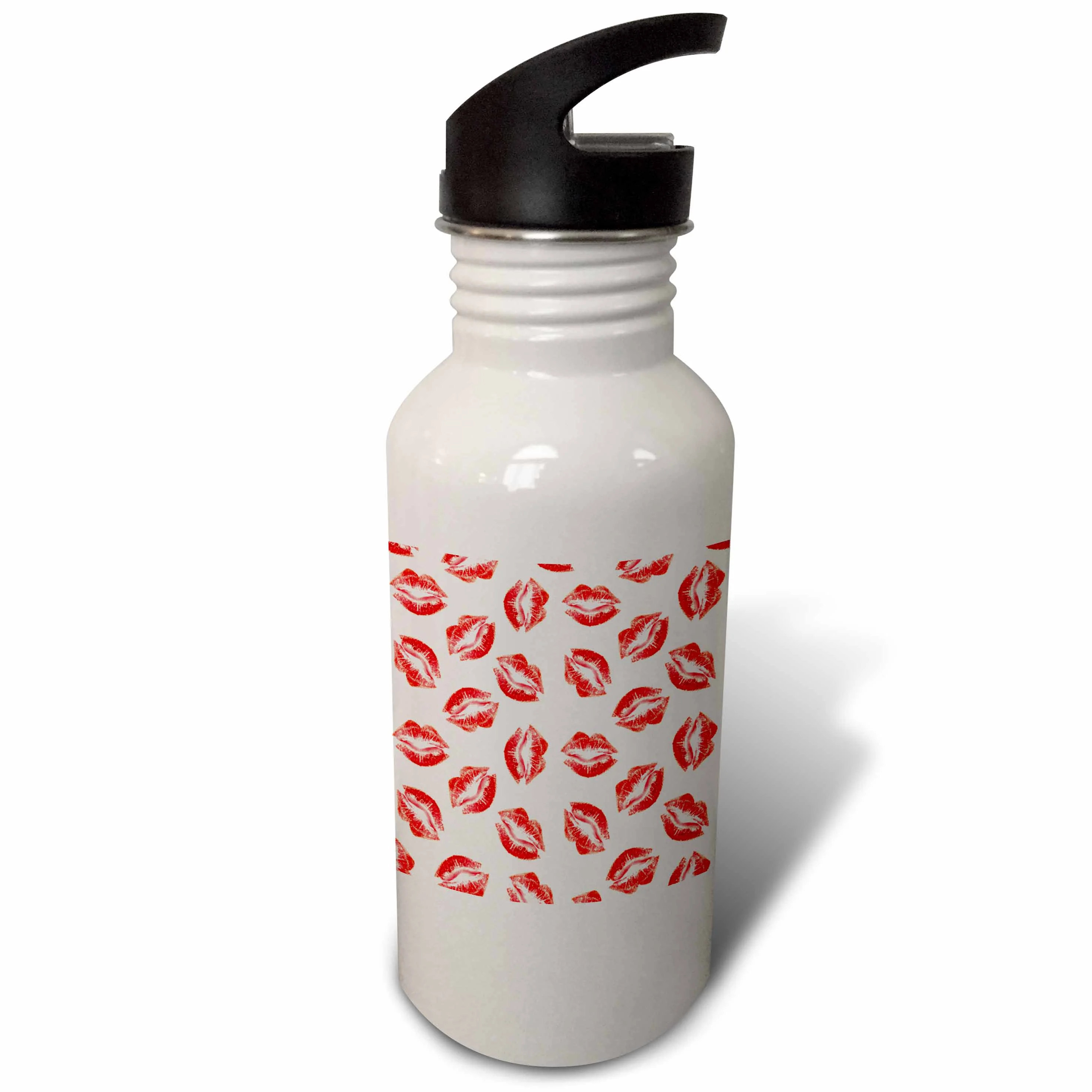 3dRose Flirty Hot Lips Pattern - Red Lipstick Kiss Marks Design on White - Girly Romantic and stylish, Sports Water Bottle, 21oz