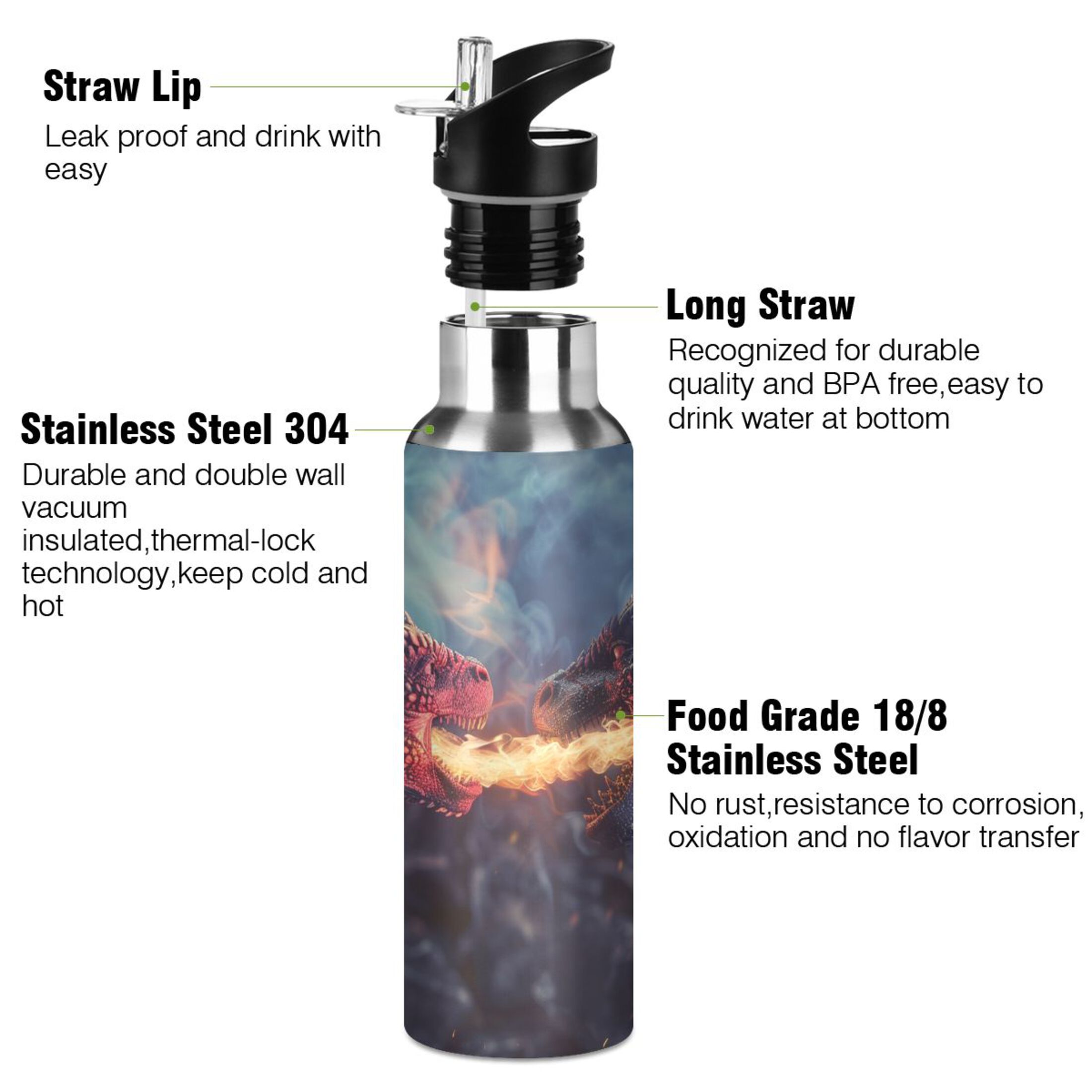 Dragons with Fire in Forest Water Bottles Insulated Thermos Kids Stainless Steel Bottle with Straw Lid Flask Leakproof for Sports Gym 20 oz
