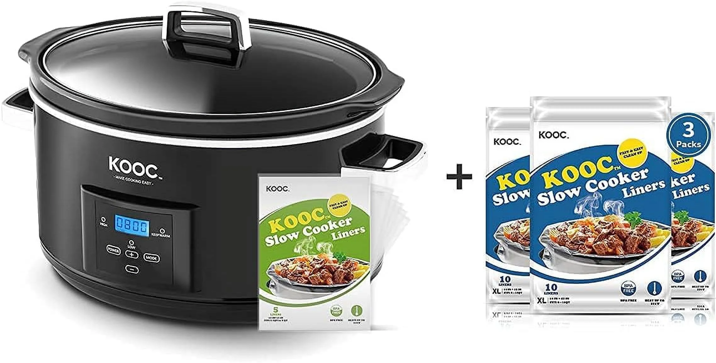 [Bundle Group] YONG Programmable Slow Cooker 8.5-Quart (with 5 Bonus Free Liners) + Additional 3 Pack of 30 Liners for Easy Clean-up, Upgraded Pot, Adjustable Temp, Nutrient Loss Reduction