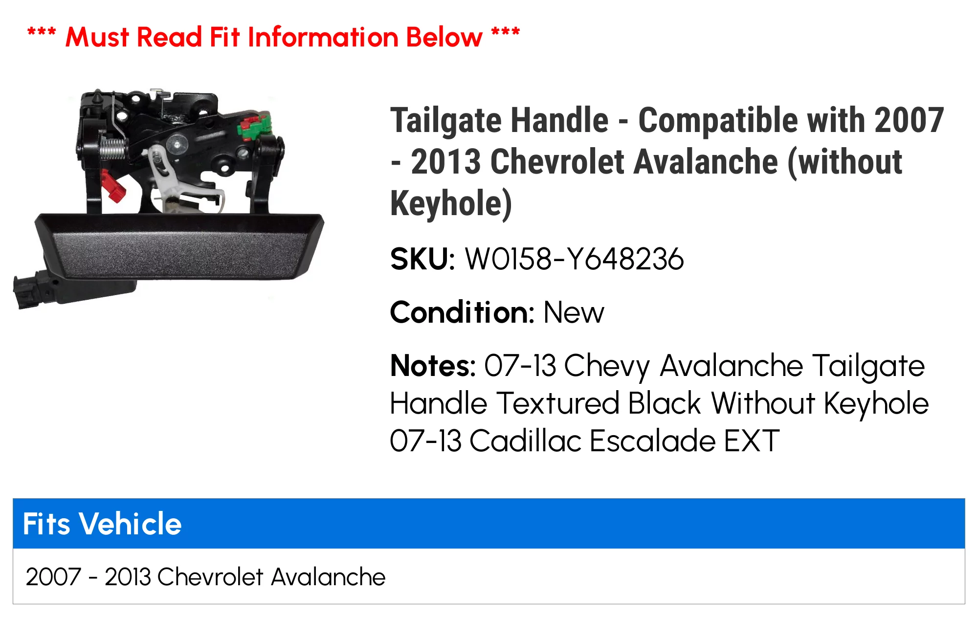 Tailgate Handle - Textured Black - Compatible with 2007 - 2013 Chevy Avalanche (without Keyhole) 2008 2009 2010 2011 2012