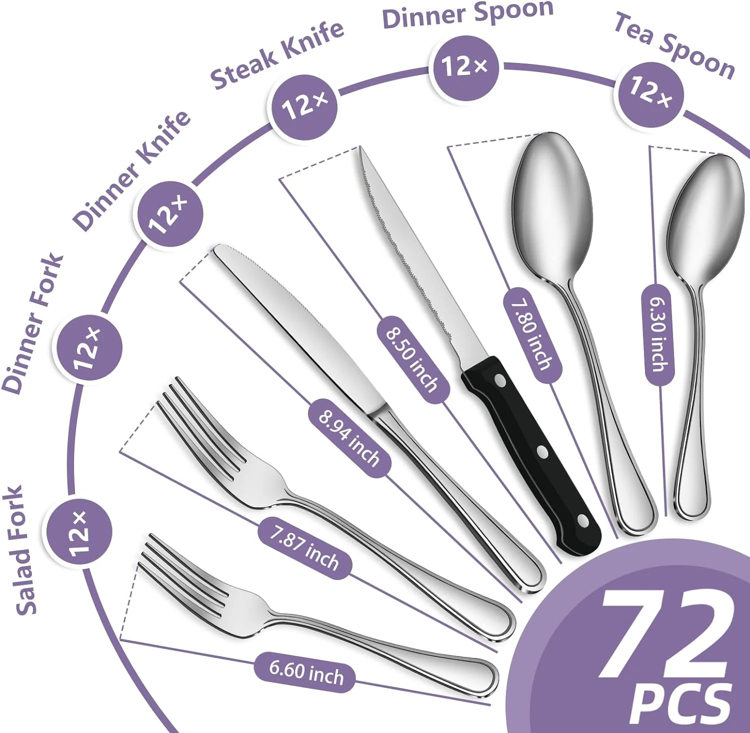 Bestdin 72 Pieces Silverware Sets Service for 12, Premium Stainless Steel Spoons and Forks Set with Steak Knives, Mirror Polished Flatware Set for Home Kitchen Restaurant, Dishwasher Safe