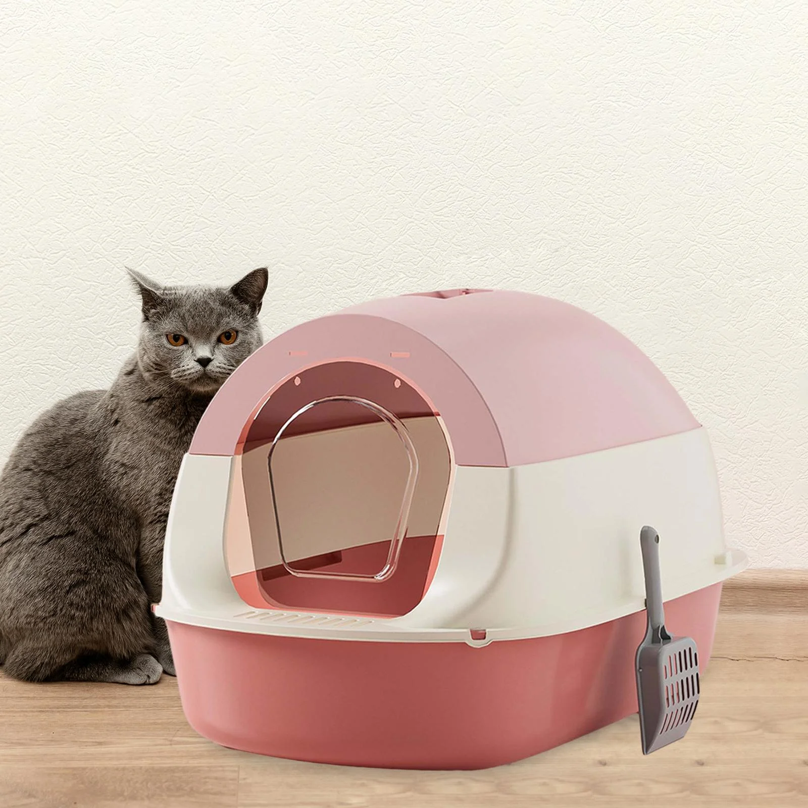 Hooded Cat Enclosed and Covered Cat Toilet Removable Kitten Potty Pink