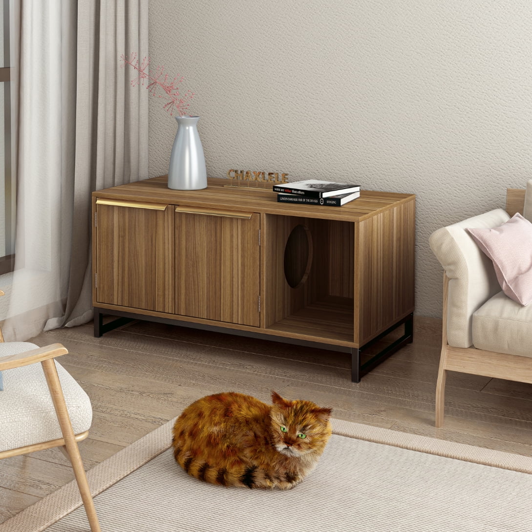 KEHOMY Cat House and TV Stand in One, Pet House with Perforated Litter Box with 2 Doors and 1 Cabinet, for Living Room