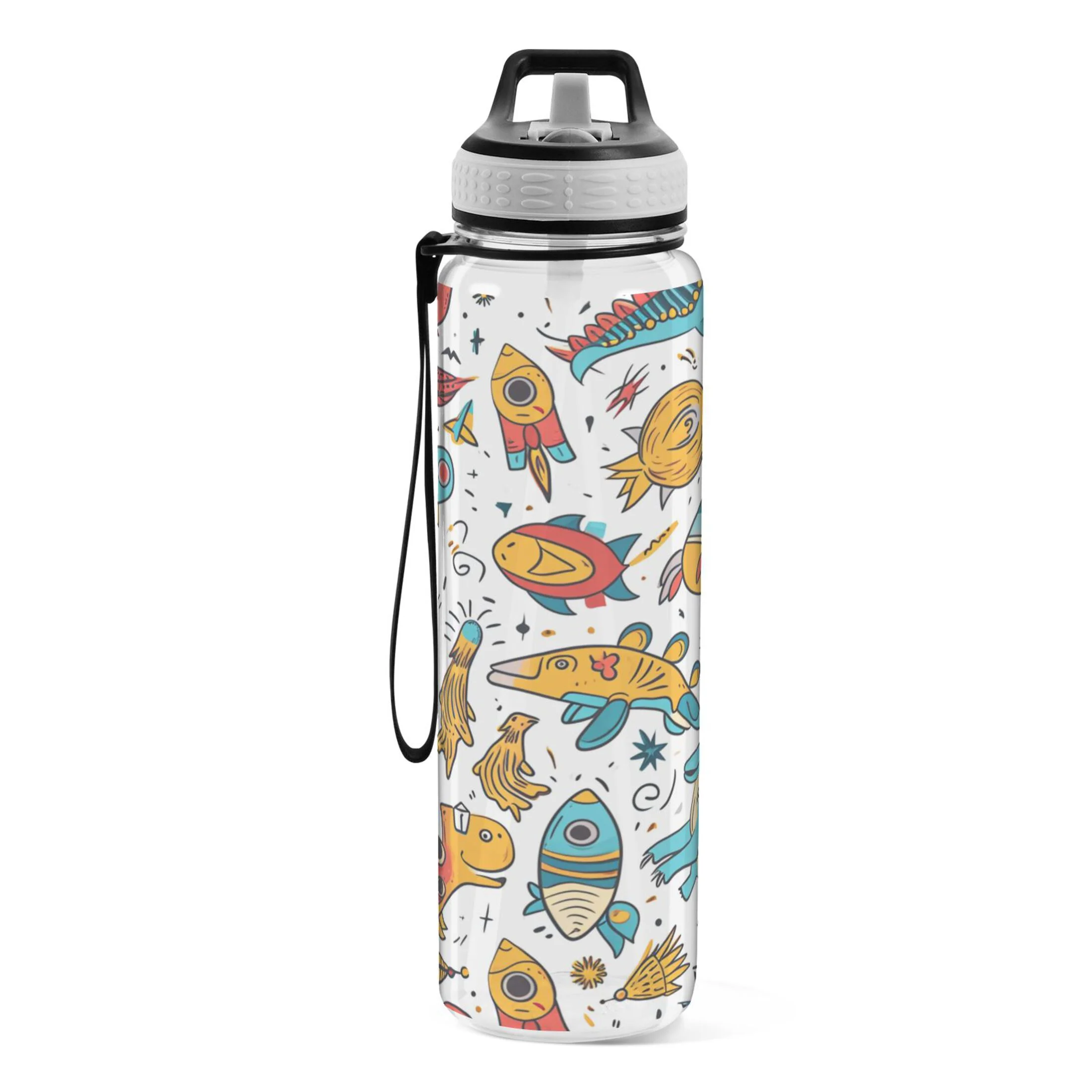 Abstract Cartoon Dinosaurs 32oz Sports Water Bottles Leakproof Tritan Bottle with Straw BPA Free Clear Bottle for Fitness Gym Outdoor Cycling