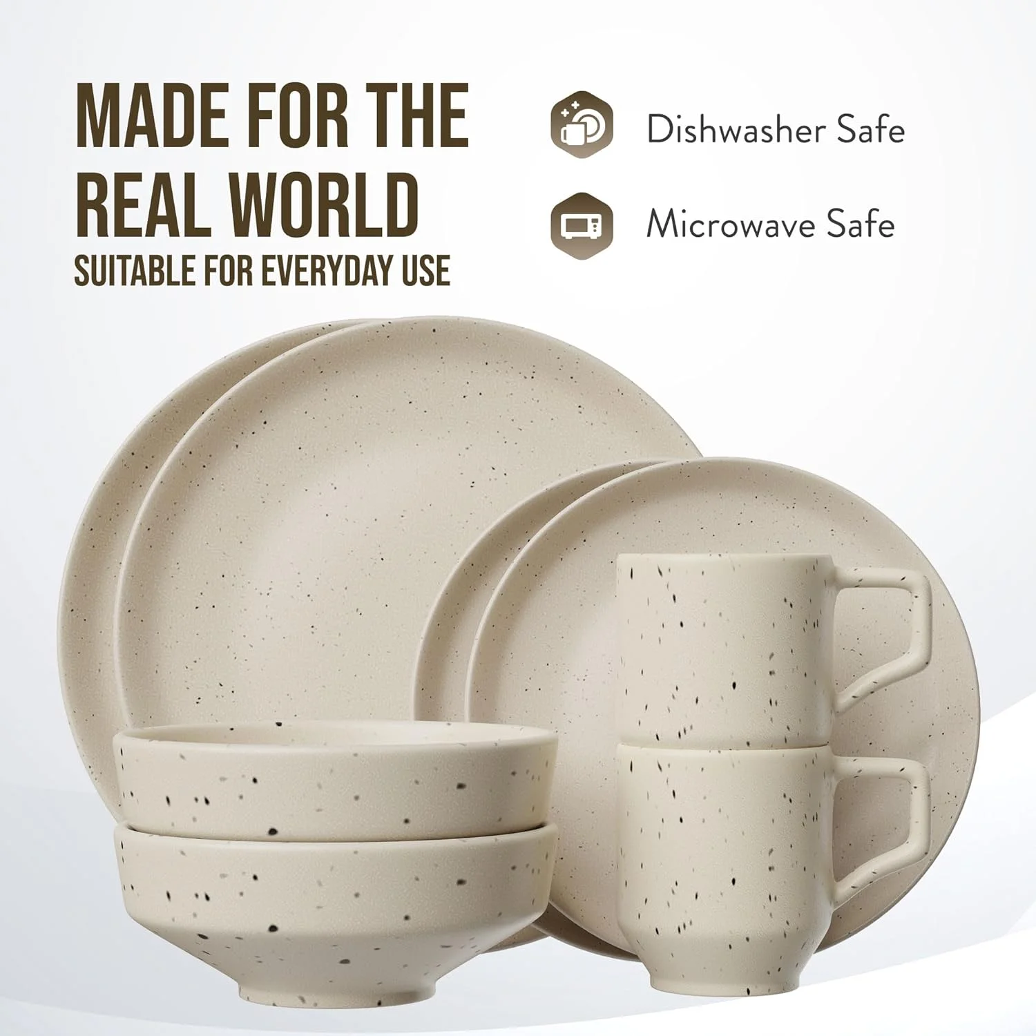 Reactive Stoneware Dinnerware Set | Coffee Mug, Bowl, Plate Set | Stoneware Dish Set | Microwave, Dishwasher Safe | Service For 2 | Speckled Cream 8-Piece Set (Cream)