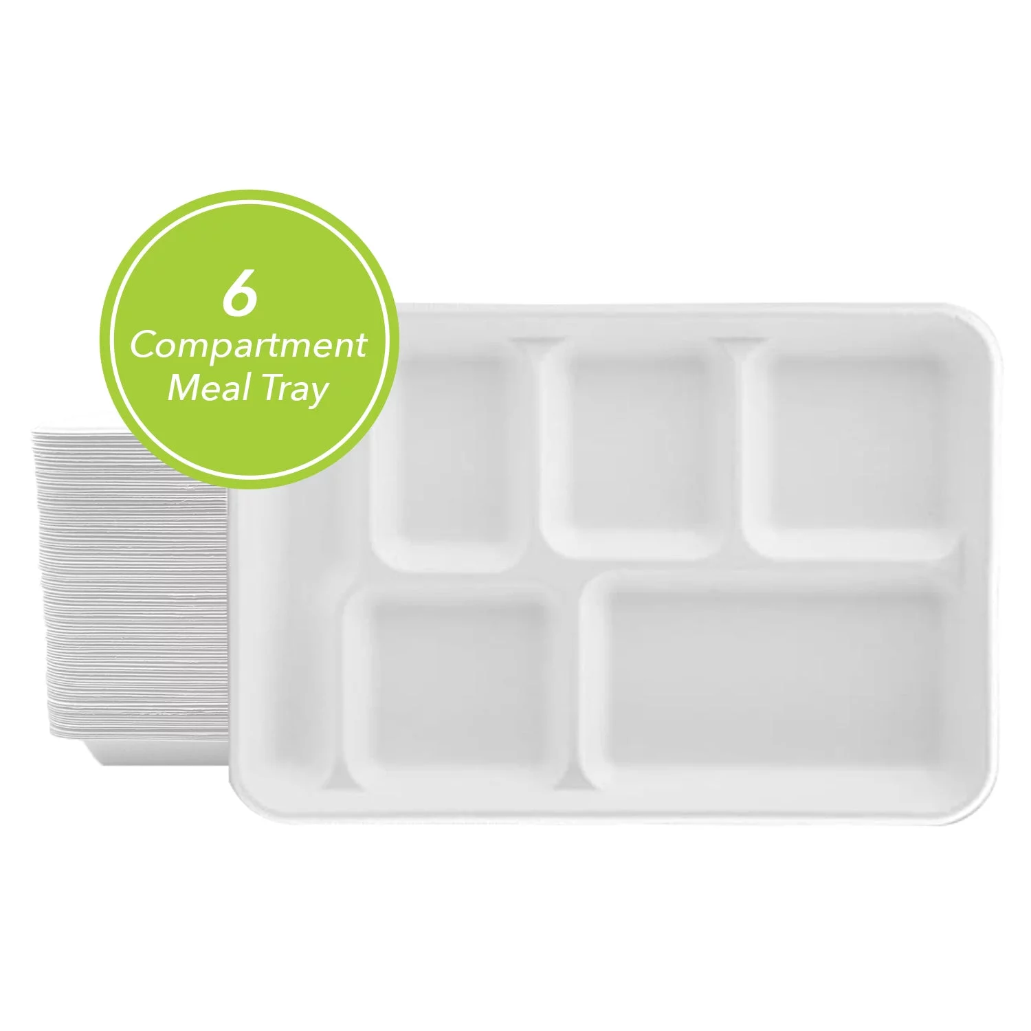 Three Leaf 6 Compartment Bagasse Tray 50 CT. Heavy-Duty Super Strong White Eco-Friendly Disposable