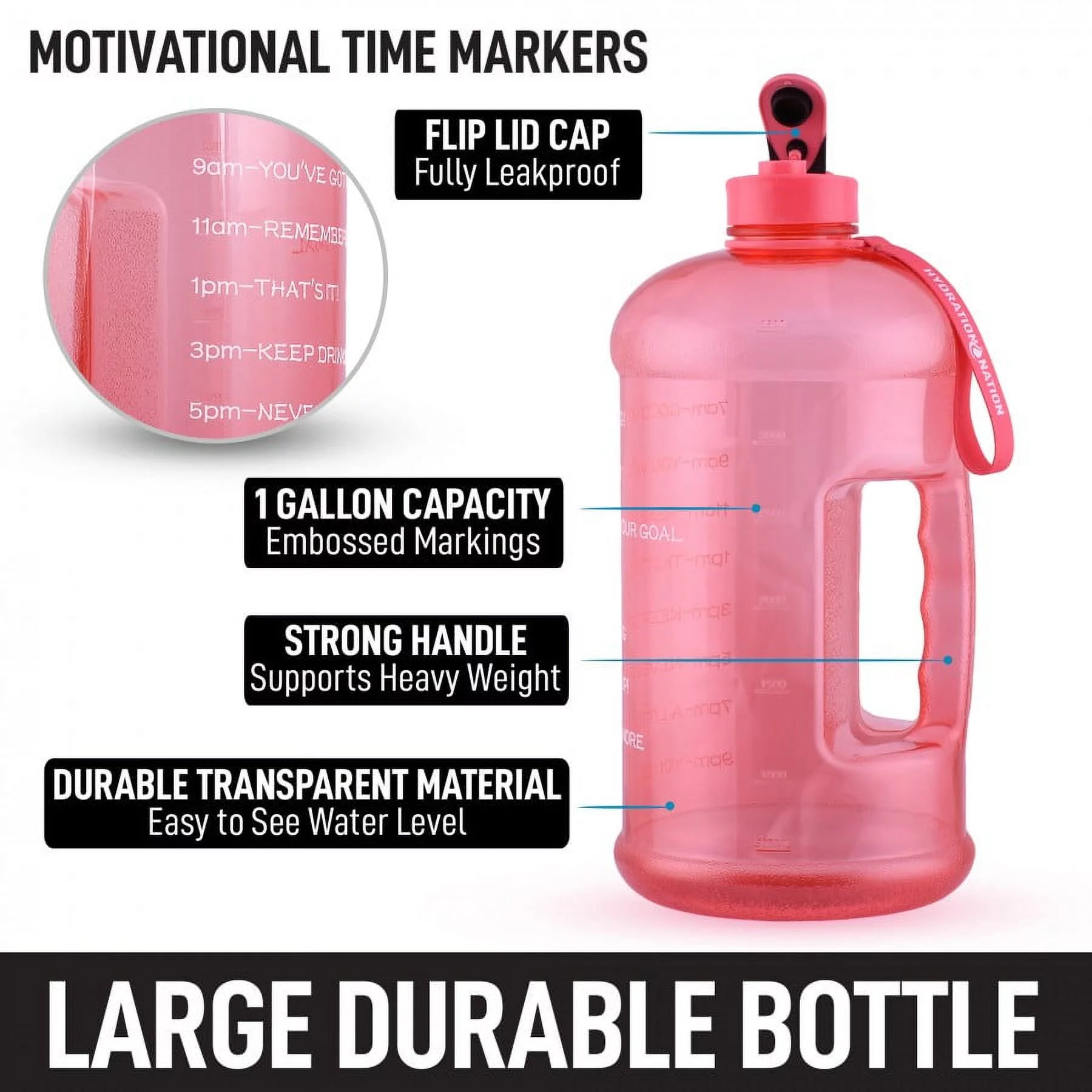 Hydration Nation 1 Gallon Water Bottle With Motivational Time Reminder - Pink