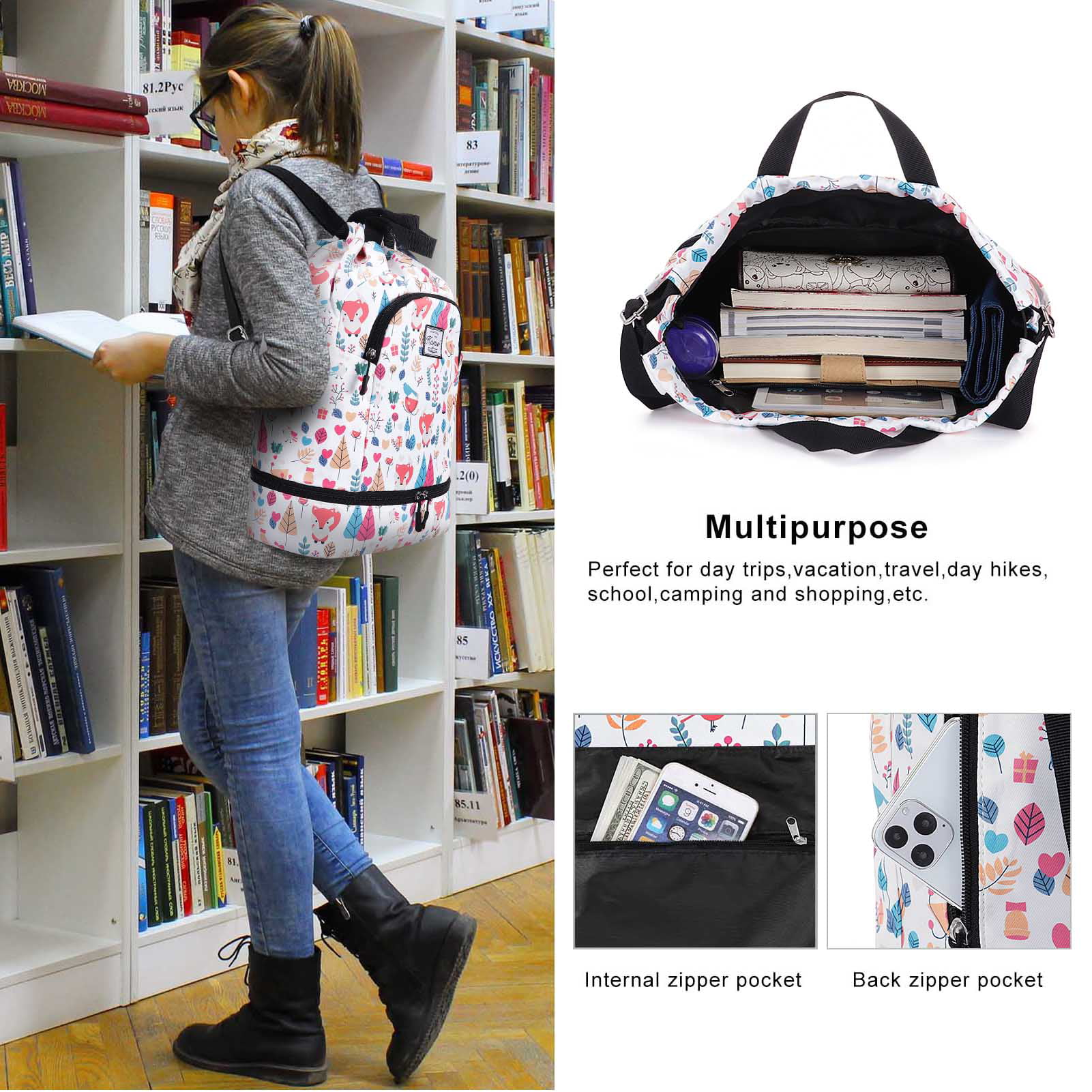 Drawstring Backpack Bag - Sport Swimming Yoga Backpack with Shoe Compartment, Two Water Bottle Holder for Men Women Large String Backpack Athletic Sackpack for School Travel