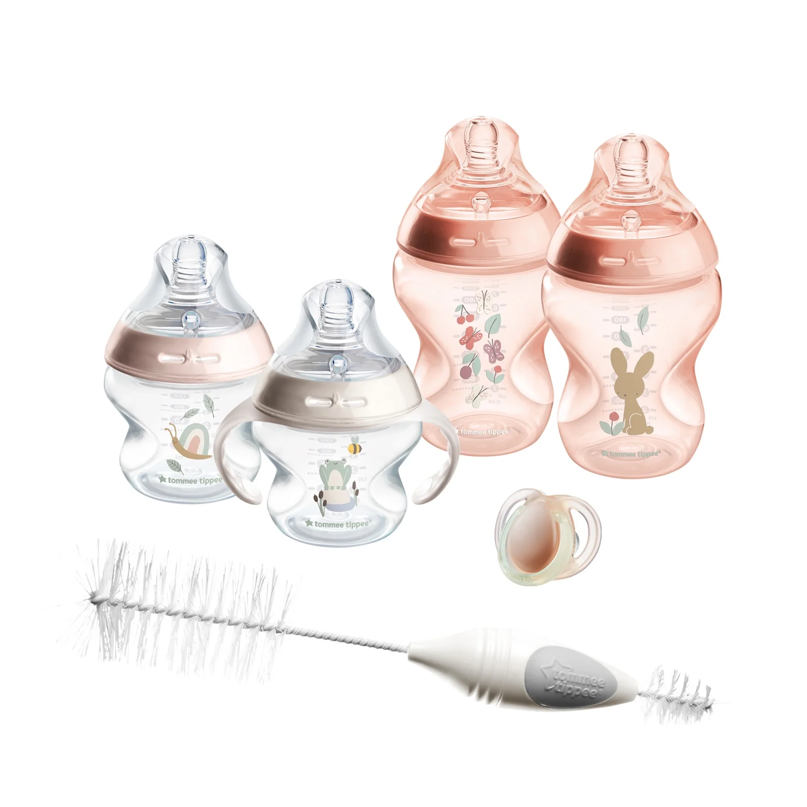 Tommee Tippee Natural Start Baby’s First Bottle Set, 2 x 5oz and 2 x 9oz Anti-Colic Bottles, Slow and Medium Flow Nipples, 0-6 month pacifier, Pink