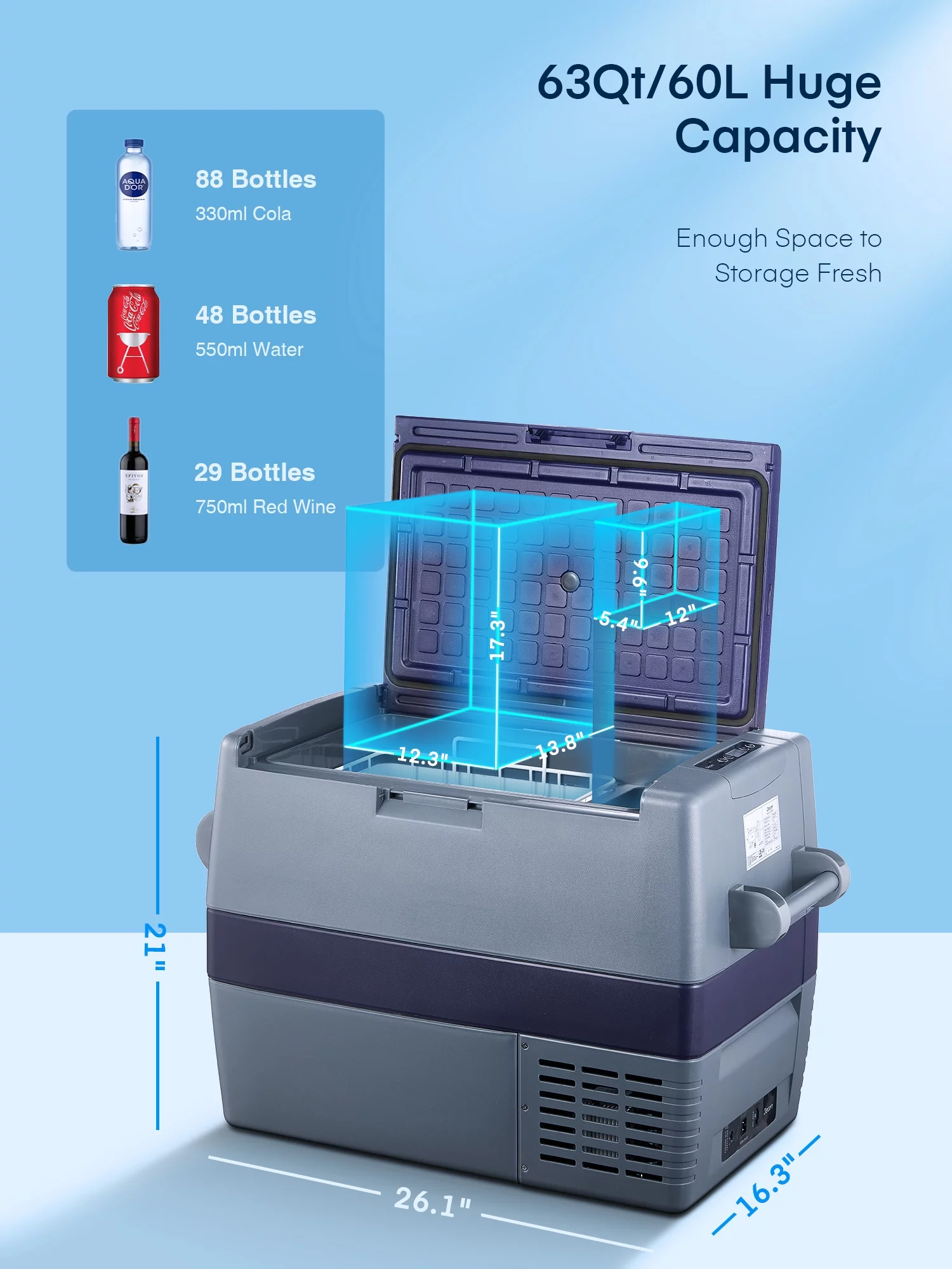 Nahomy Portable Refrigerator, 63 Quart(60 L) Car Refrigerator, -4℉ to 50℉,12/24V DC and 100-240V AC, Retro Aluminum Portable Freezer Fridge Cooler, for Car, RV, Camping and Home Use
