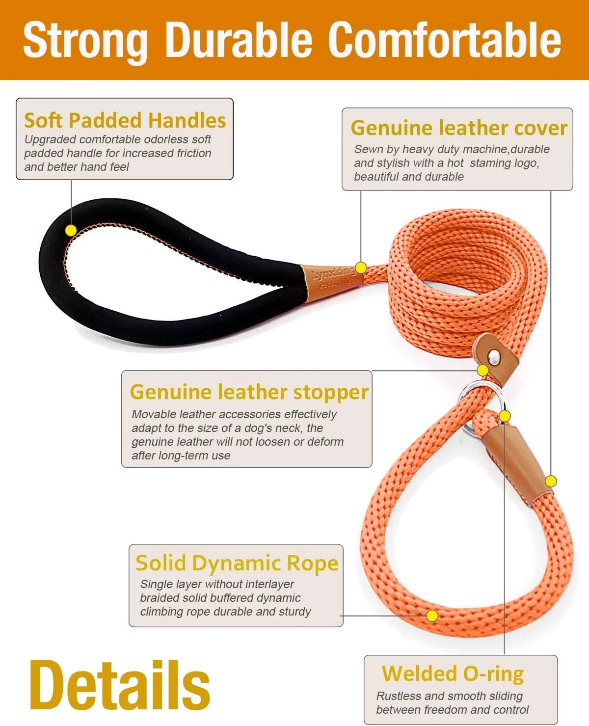 lynxking Dog Leash Rope Slip Leads Strong Heavy Duty No Pull Training Lead Leashes for Medium Large Dogs (5', Orange)