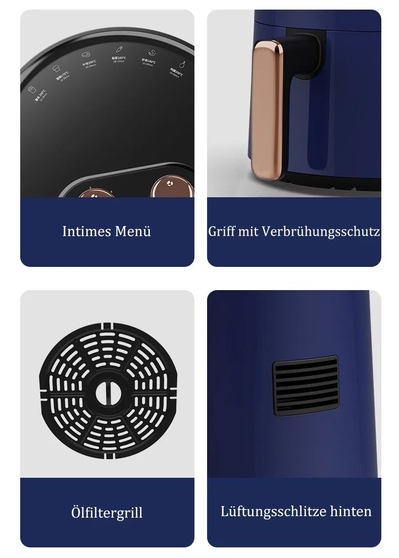 Hot air fryer, 360° hot air circulation, 4.5L large capacity, 1300W, hot air fryer, with timer temperature control, oil-free frying, retro design, with recipe pot, royal blue