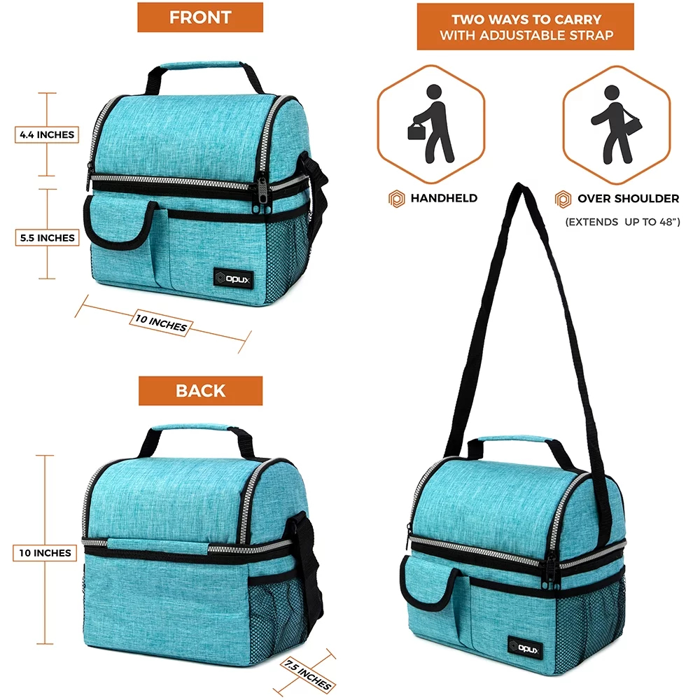 OPUX Insulated Dual Compartment Lunch Bag for Men, Women | Double Deck Reusable Lunch Pail Cooler Bag with Shoulder Strap, Soft Leakproof Liner | Large Lunch Box Tote for Work, School (Turquoise)