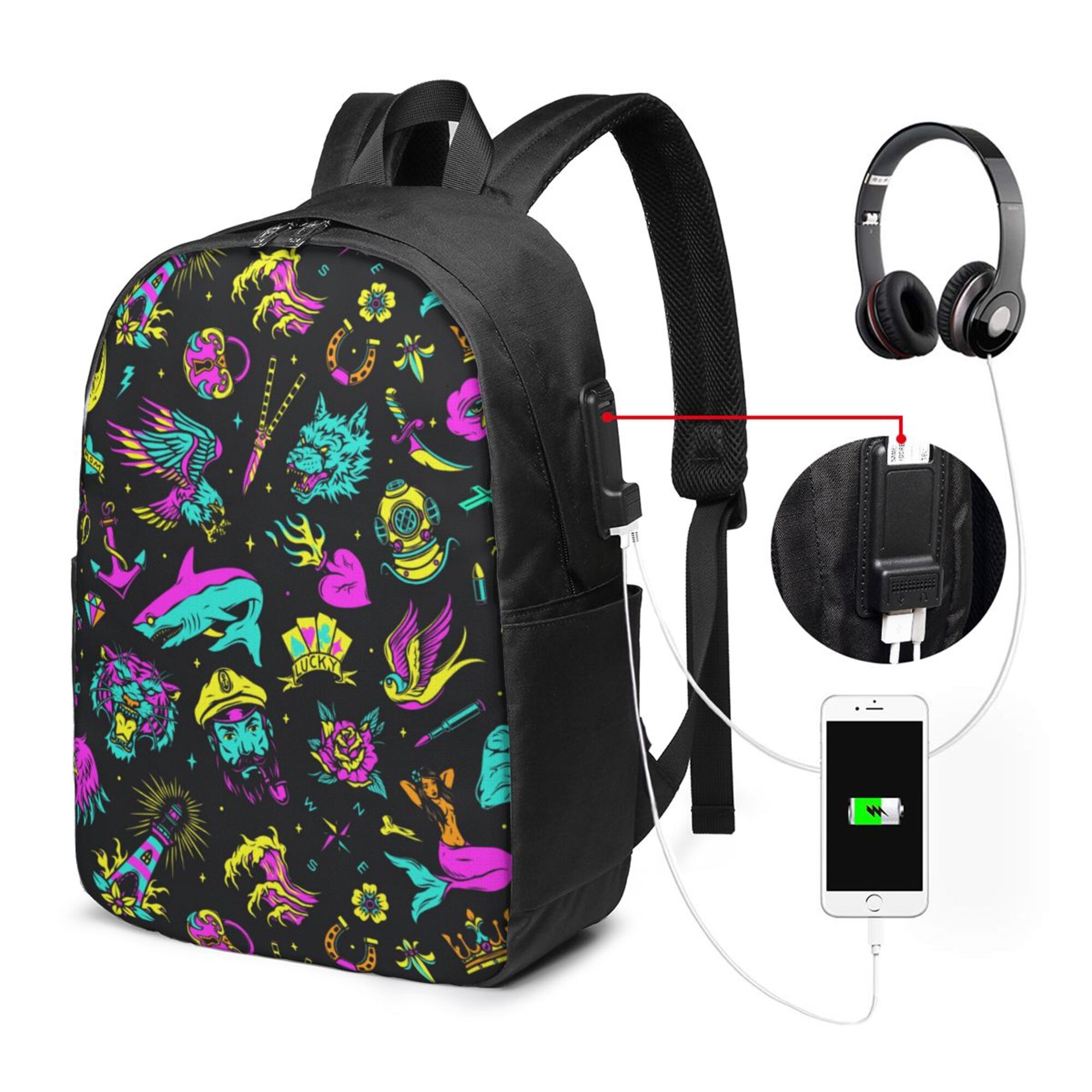 TEQUAN Travel Laptop Backpack, Vintage Colorful Sea Tattoos Prints Outdoor Hiking Bag School Bookbag Casual Lightweight Daypack