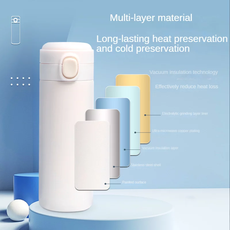 Stainless Steel Water Bottle 14oz White Straight Thin Kids Cup Straw Cup with Pop black lid