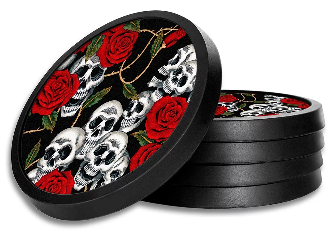 Silicone Non-Slip Drink Coasters with Removable Printed Absorbent Felt Pad - Set of 4 - Skull & Roses