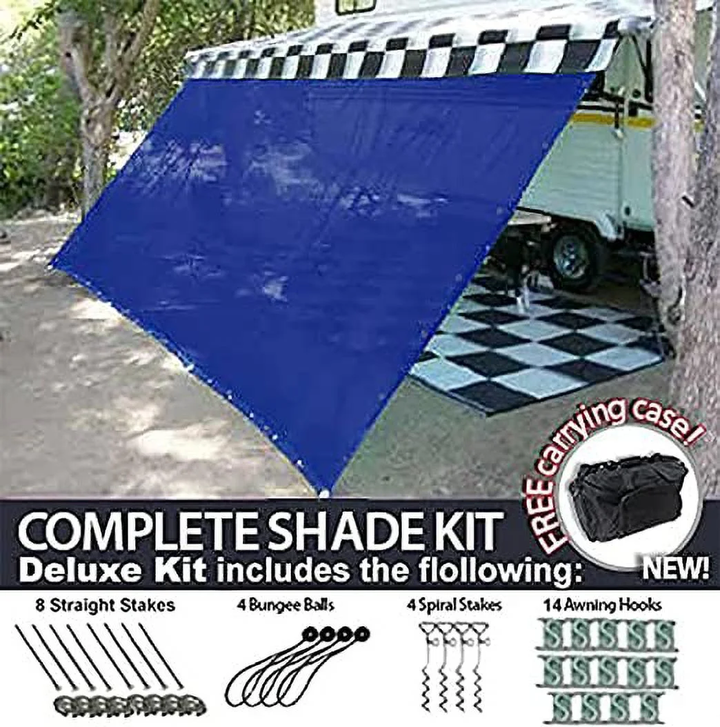 RV Awning Shade Motorhome Patio Sun Screen Complete Deluxe Kit (Blue) (8x19)