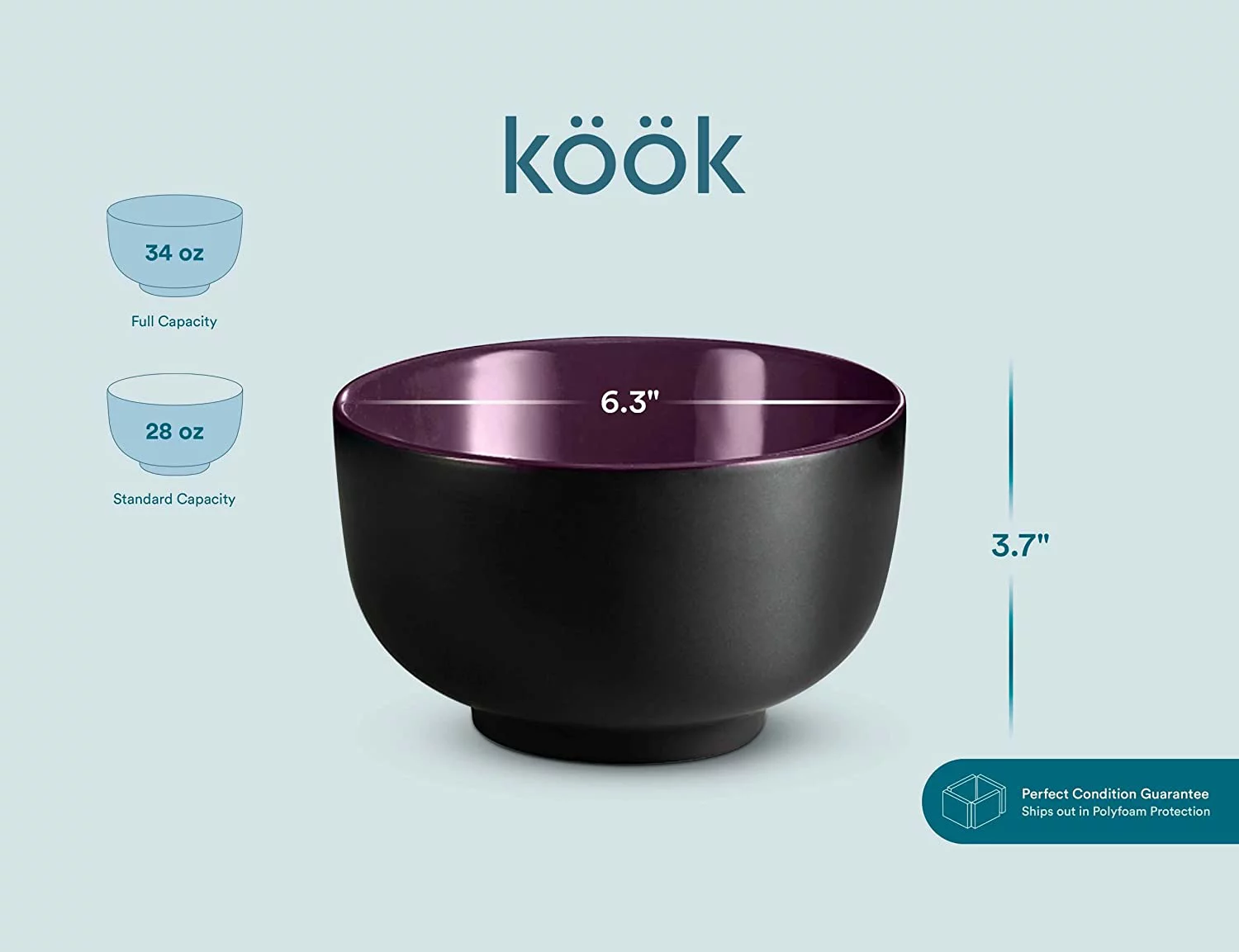 Kook Ceramic Japanese Noodle Bowl Set, 34 Oz, Set of 4, Eggplant Inside