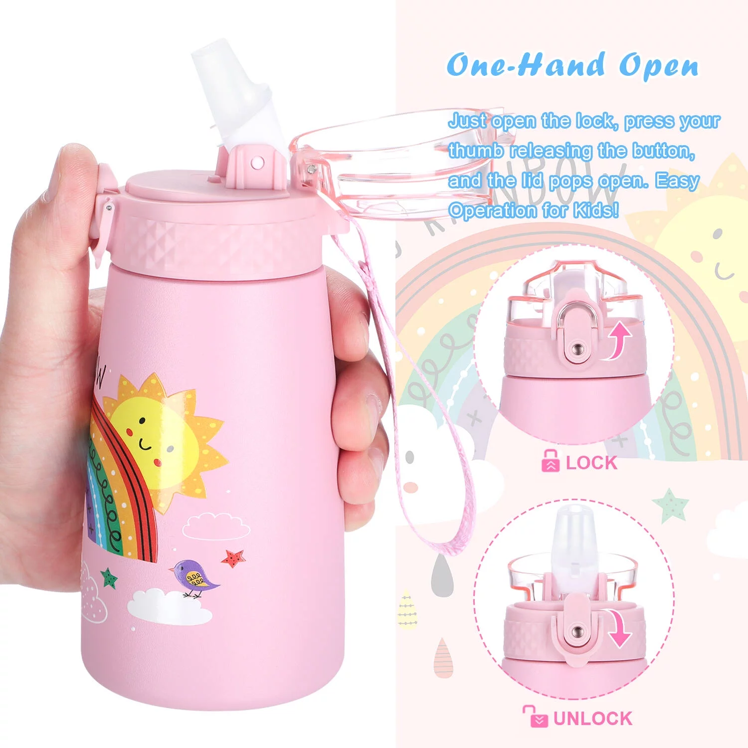 Oldley Kids  Water Bottle 12 oz Double Wall Vacuum Stainless Steel Leakproof Water Bottles with Two Lids Girls Gift Pink