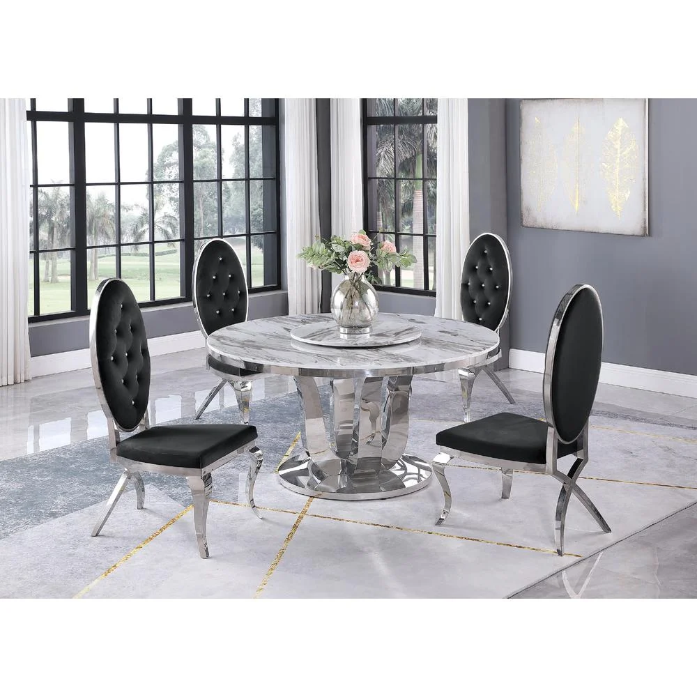 6pc. White Marble Dining Set with Lazy Susan and Silver Stainless Steel