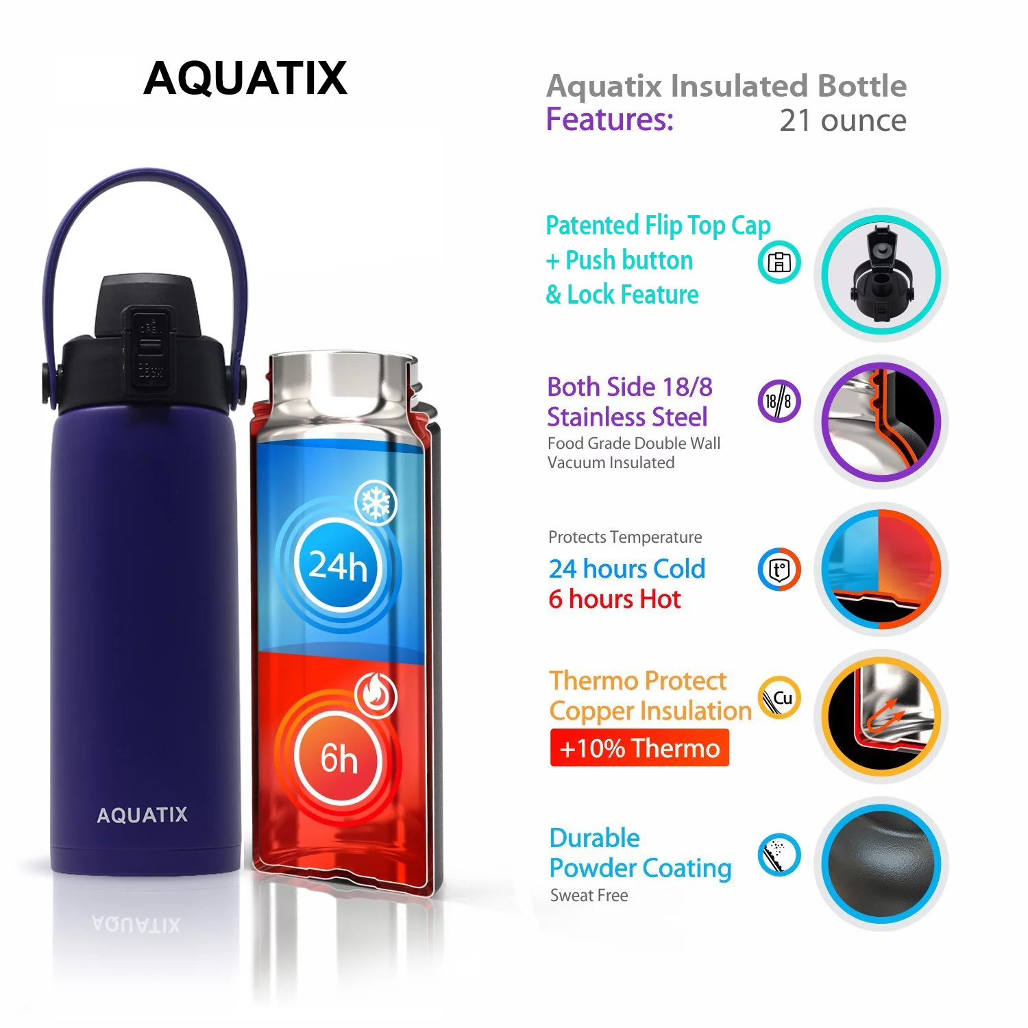 Aquatix (Purple, 21 Ounce) Pure Stainless Steel Double Wall Vacuum Insulated Sports Water Bottle Convenient Flip Top Cap with Removable Strap Handle - Keeps Drinks Cold 24 hr/Hot 6 hr
