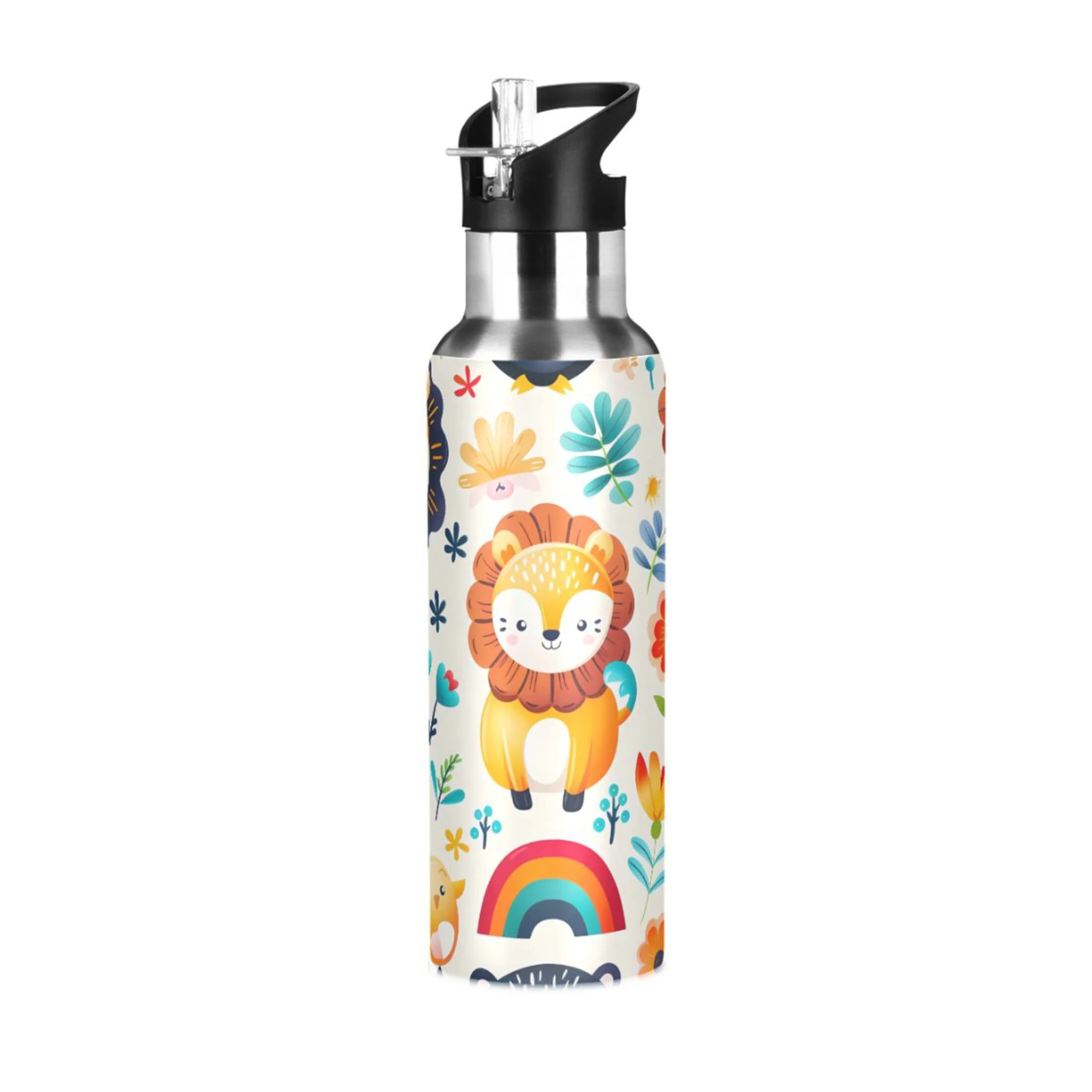 Lions Animals Floral Water Bottles Insulated Thermos Kids Stainless Steel Bottle with Straw Lid Flask Leakproof for Sports Gym 20 oz