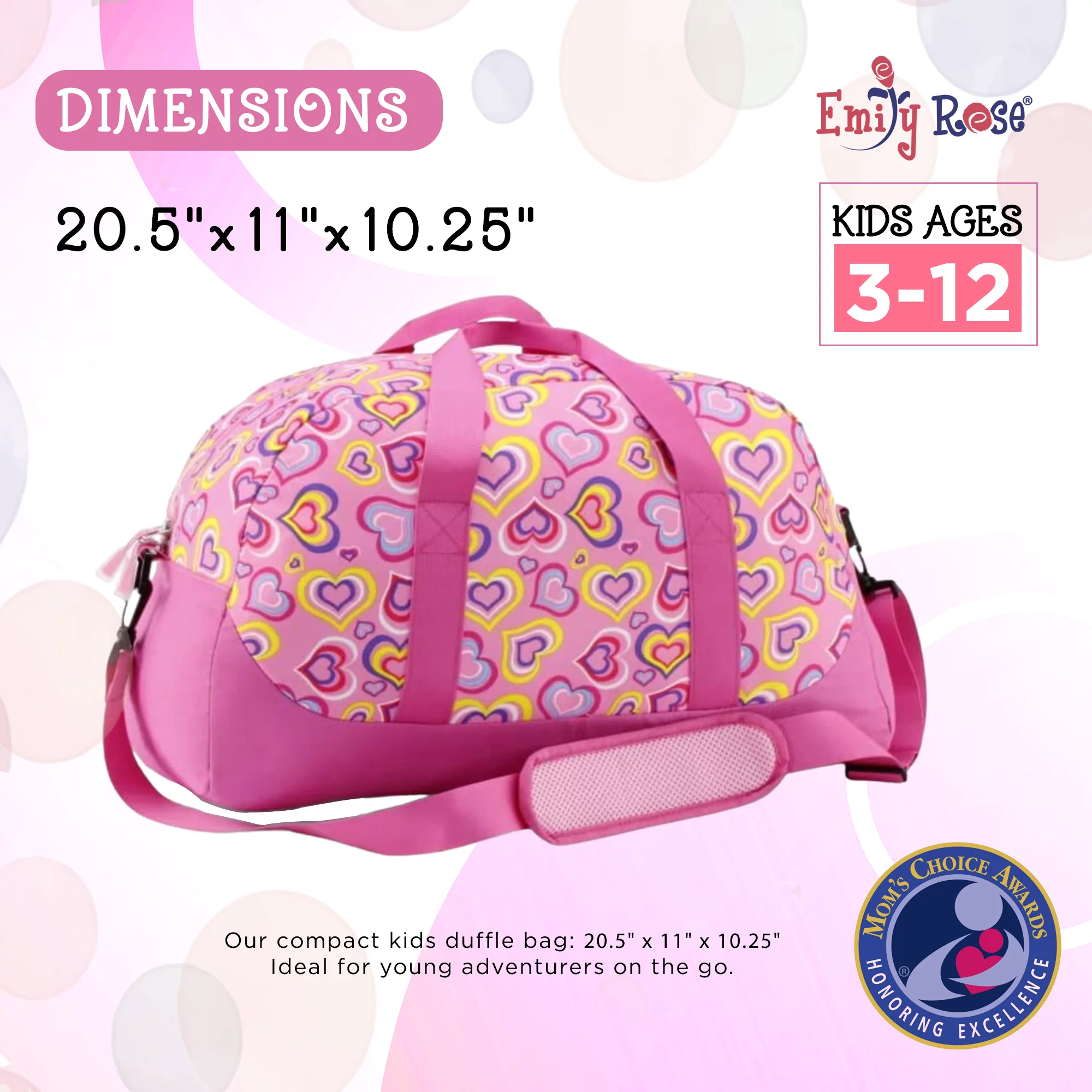 Emily Rose Kids Large Weekender Duffle Bag | Girls Duffel Bag with Removable Shoulder Carry Strap | 100% 600D Polyester | Perfect for sleepovers and overnight travel (Playful Hearts)