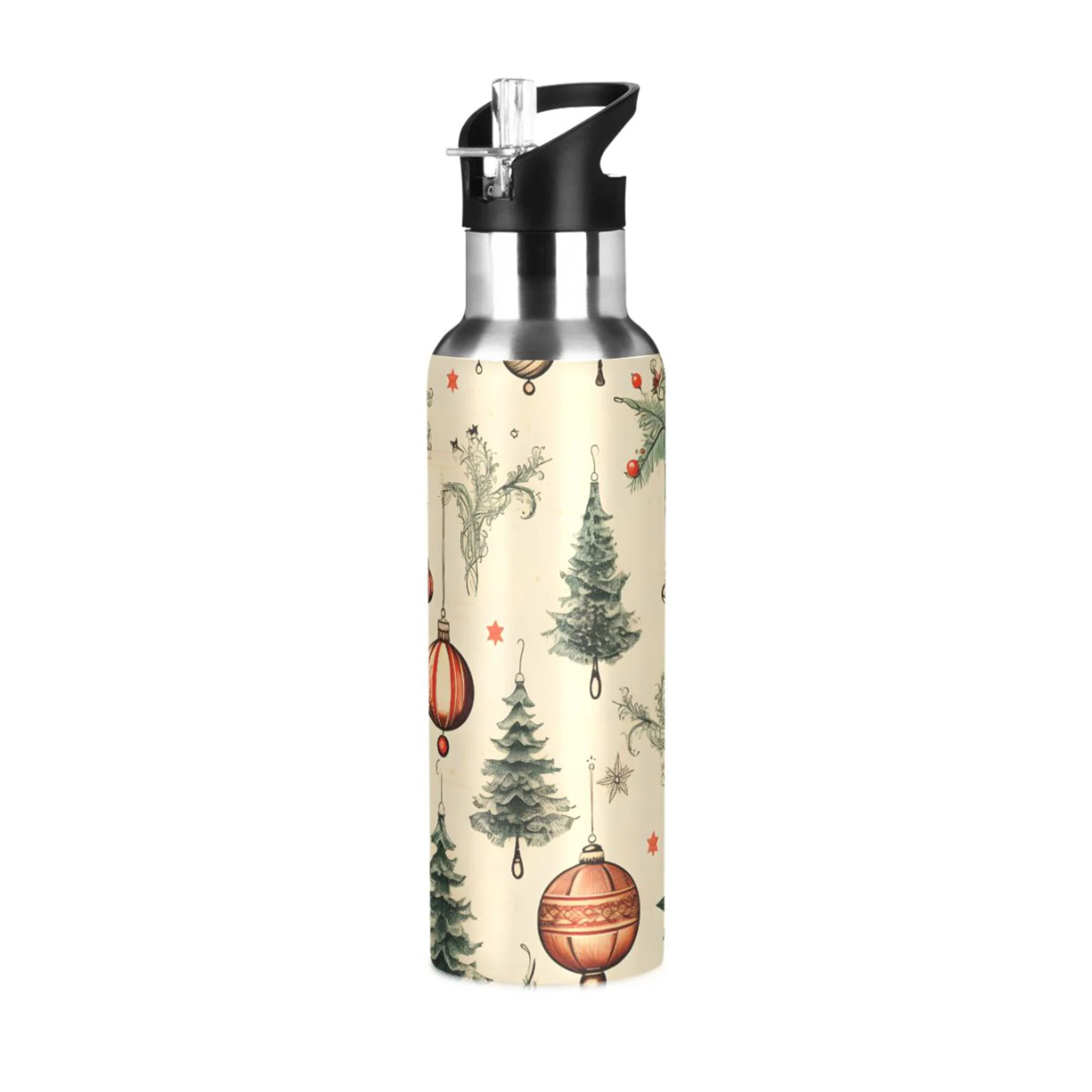 Water Bottle with Straw Lid Leak Trees Christmas Stainless Steel Insulated Thermos Vacuum Flask for Cold Hot Drinking for Sports Camping Gym Yoga