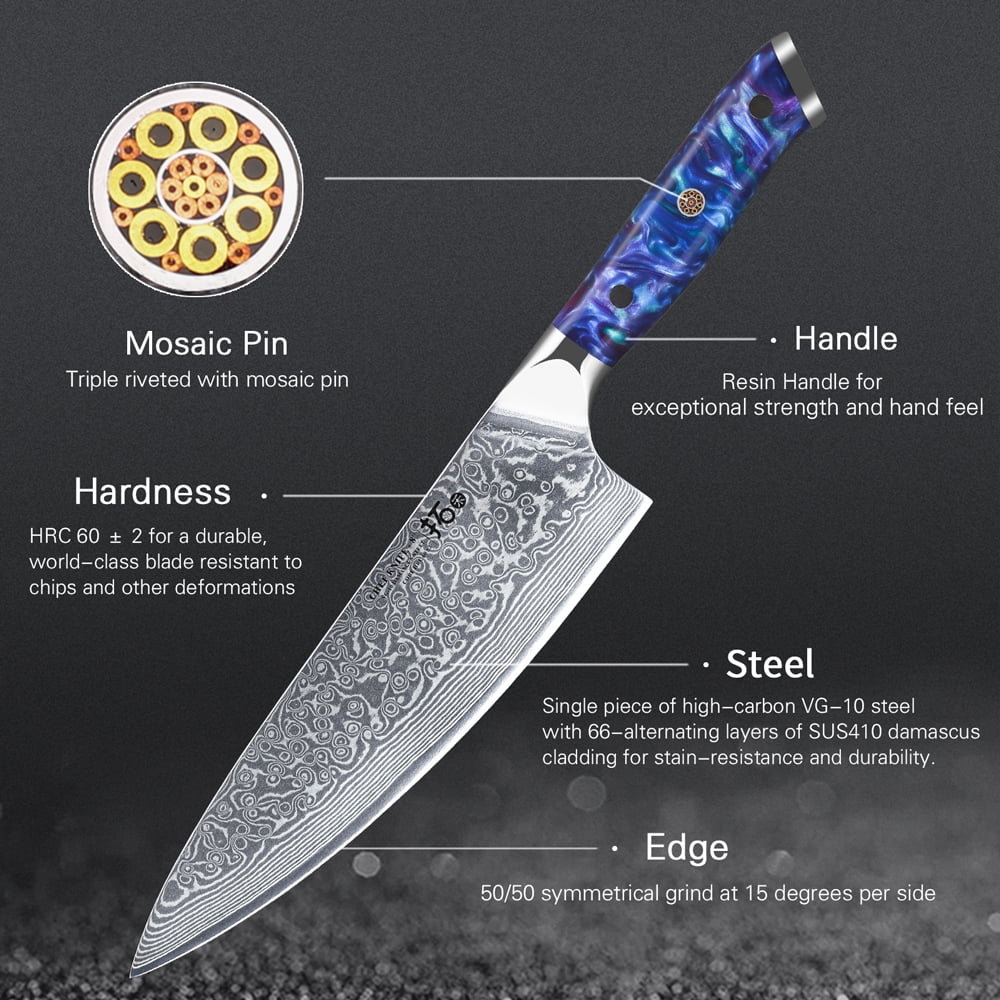 TURWHO 8inch Chef Knife Japanese VG10 Damascus Steel Kitchen Knife, Cook Knife, with Blue Resin Handle