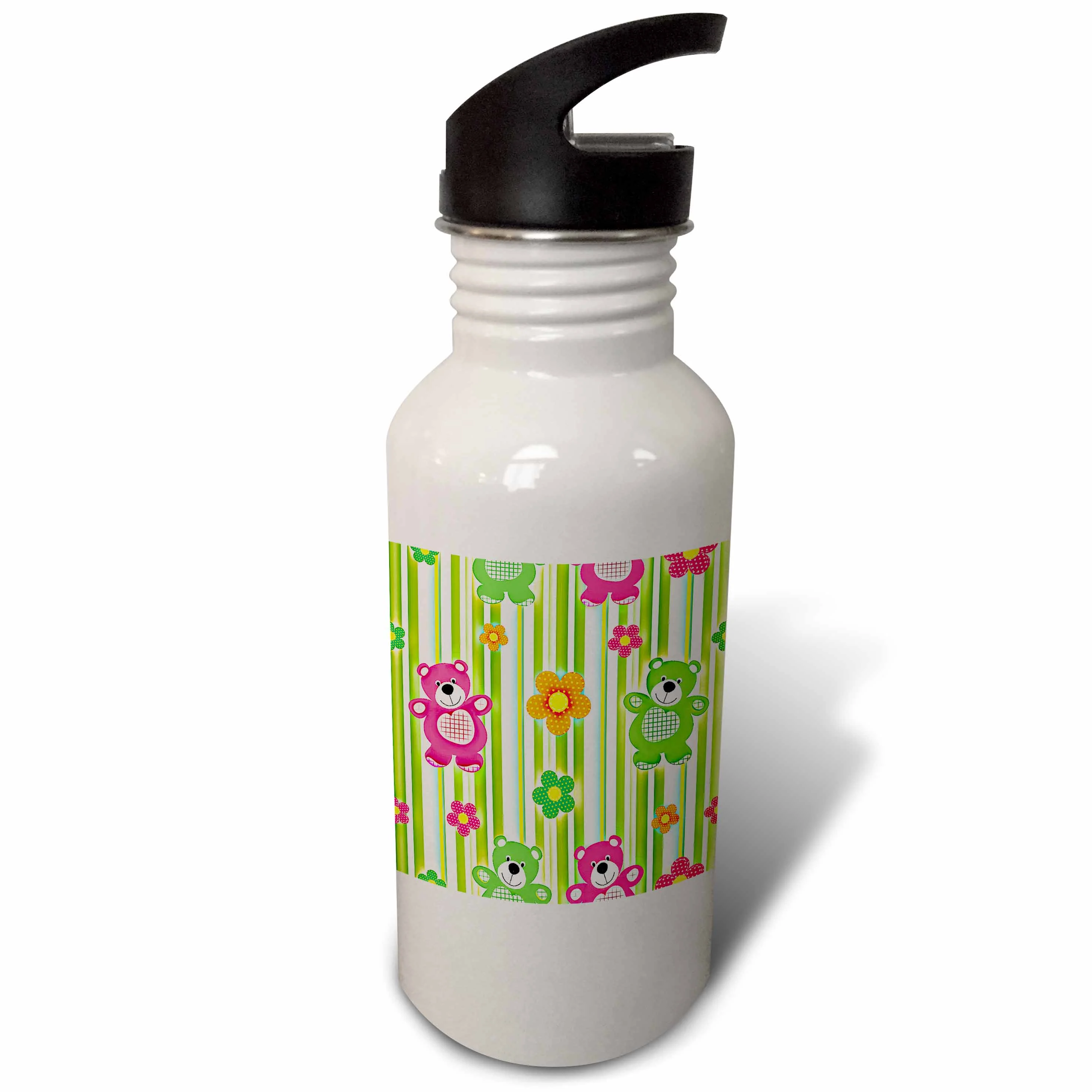 Teddy Bear fun with colorful flowers and stripes 21 oz Sports Water Bottle wb-167234-1