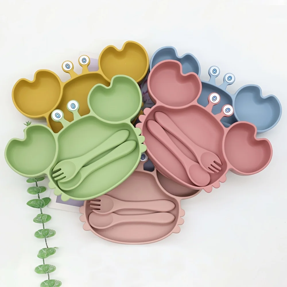Baby Silicone Plate With Suction Cup, Suitable For Baby, Baby Spoon And Fork Set Suitable For Children, Baby Tableware, Children's Plate - Crab