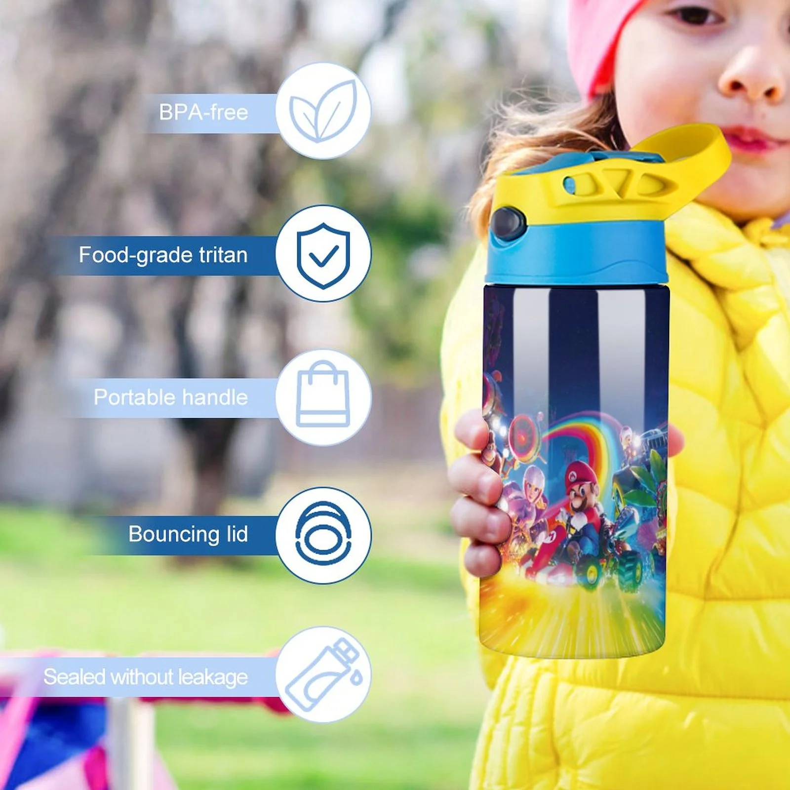 Movie Mario Kid's Insulated Water Bottle With Straw Vacuum Stainless Steel Cup Leak-Proof Children Toddler Thermoses