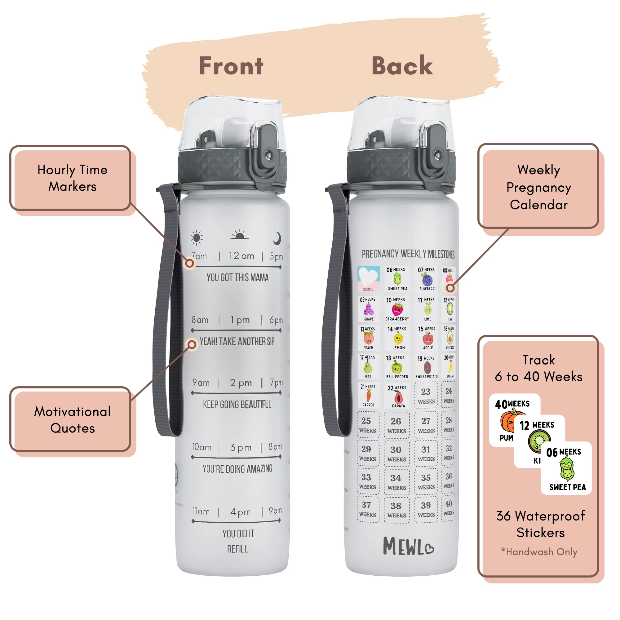 Mewl Pregnancy Water Bottle Tracker with Straw BPA Free & 36 Weekly Pregnancy Milestone Stickers