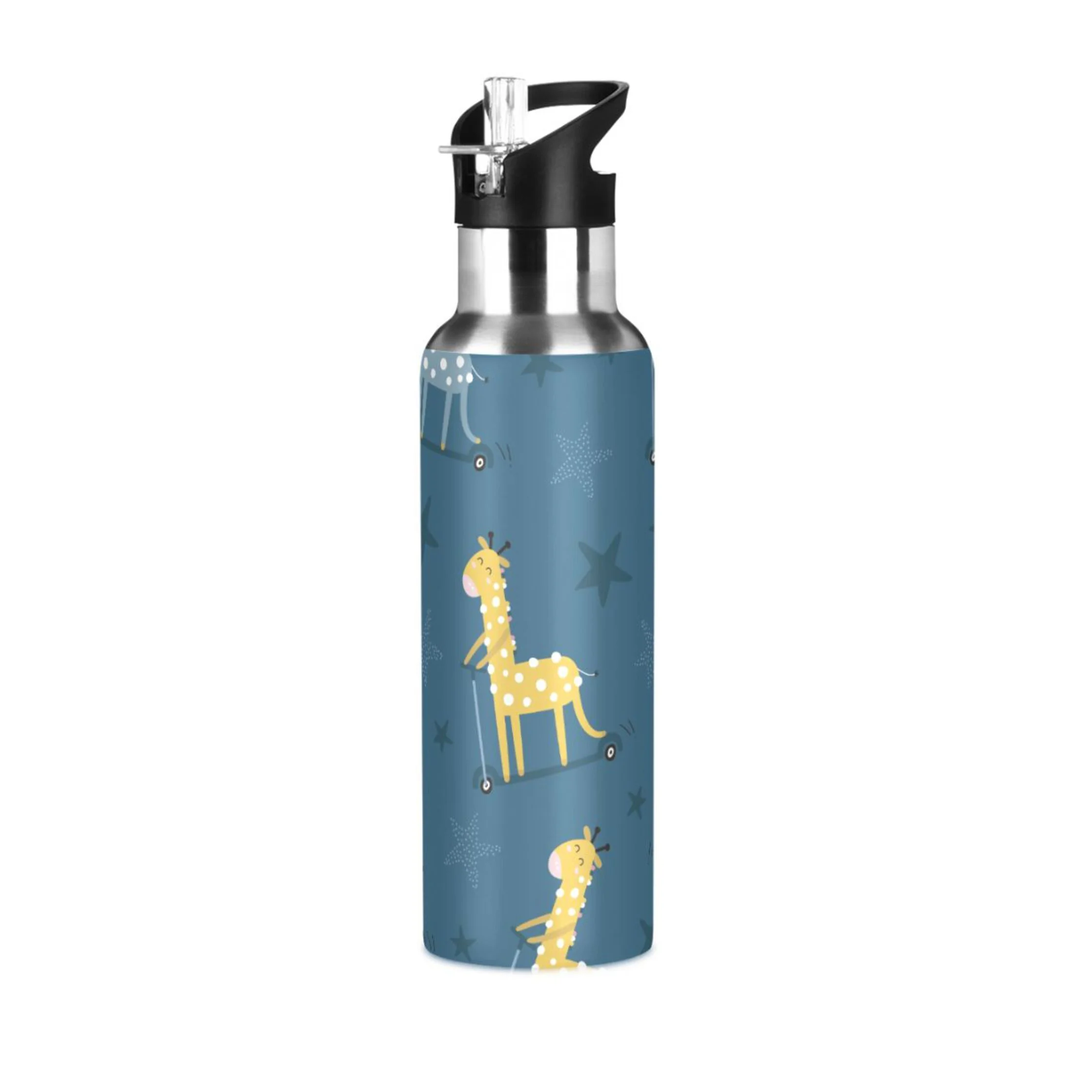 Water Bottle with Straw Lid Leak Cute Giraffe on Scooter Stainless Steel Insulated Thermos Vacuum Flask for Cold Hot Drinking for Sports Camping Gym Yoga