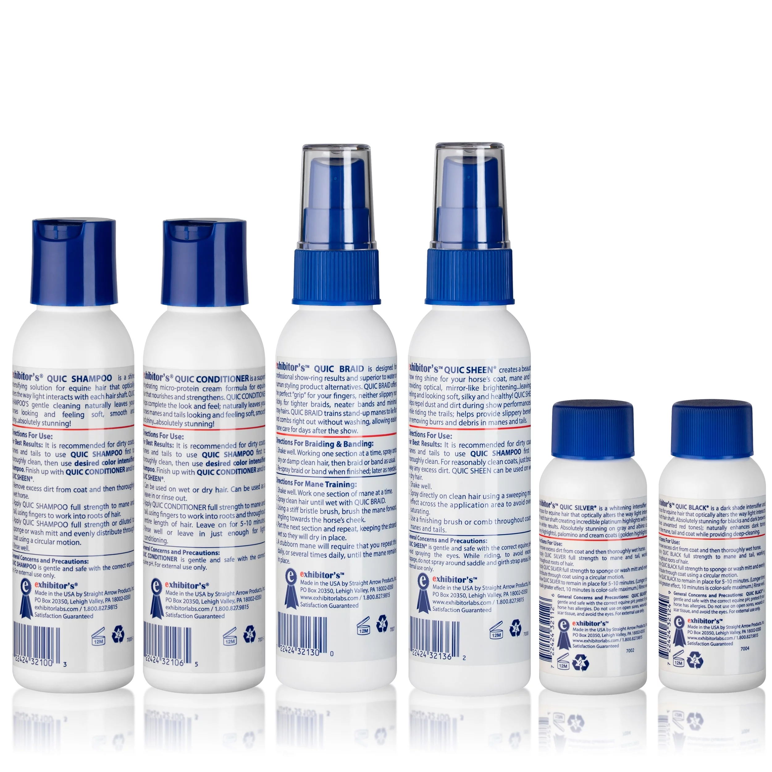 exhibitor's: Sampler Kit | Quic Shampoo (3.4 Oz), Quic Conditioner (3.4 Oz), Quic Braid (3.4 Oz), Quic Sheen (3.4 Oz), Quic Silver (2 Oz), and with Quic Black (2 Oz)