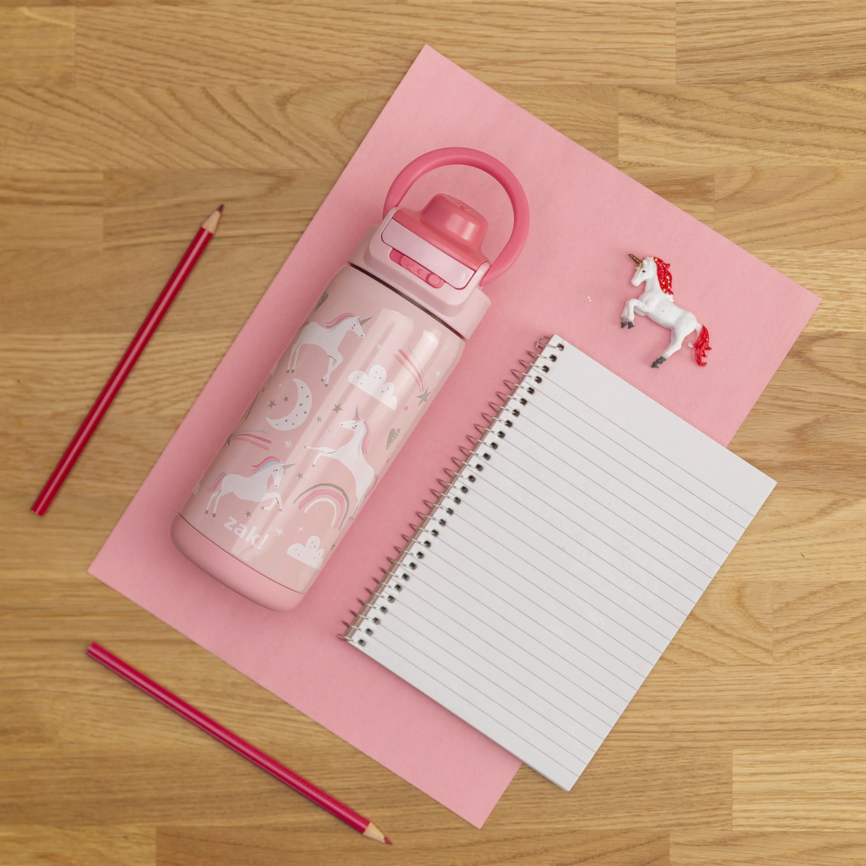 Zak Designs Lincoln 14oz Stainless Steel Double Wall Insulated Water Bottle with Leak-Proof Design, BPA Free Reusable, Convenient carry handle for travel, Unicorns