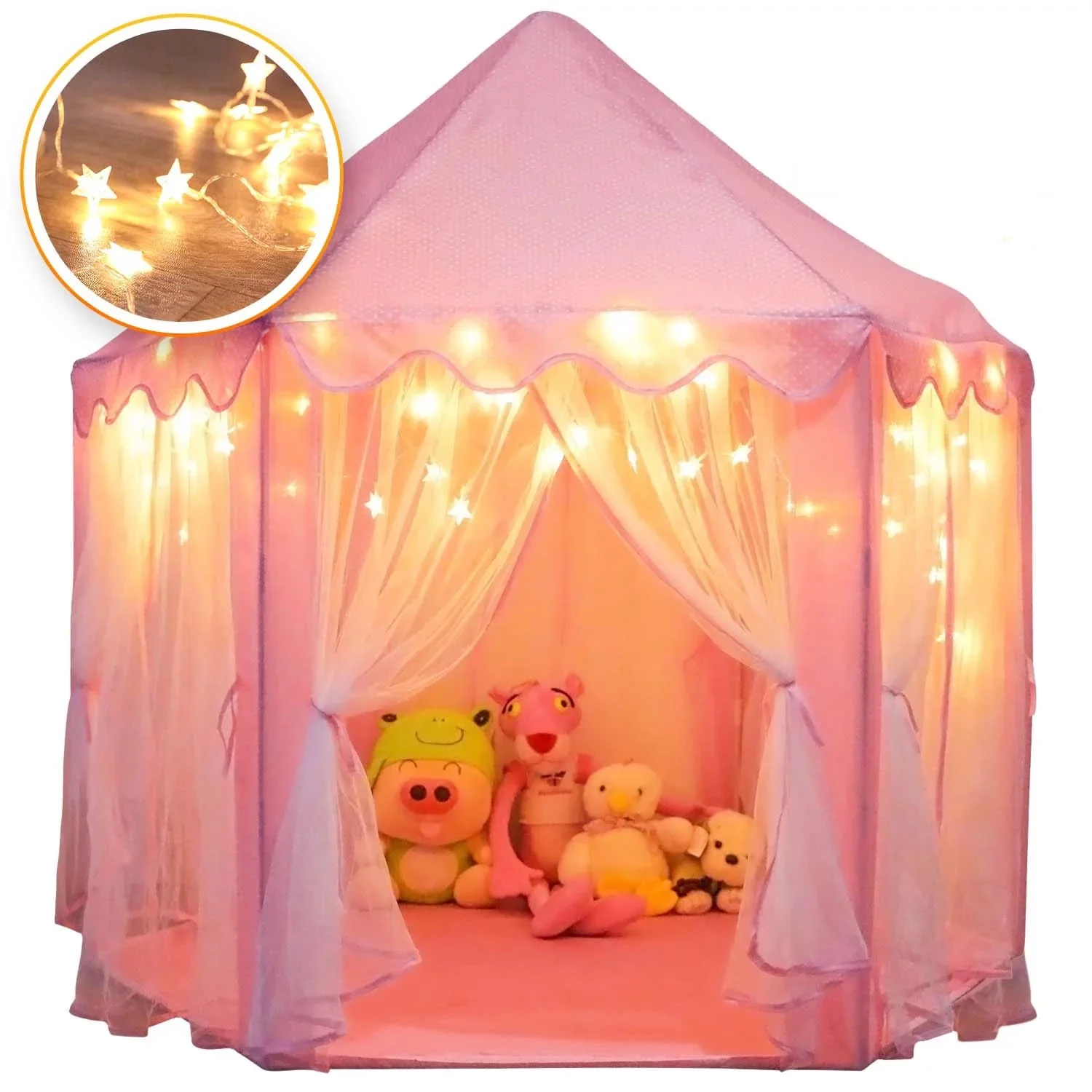 Princess Castle Playhouse Tent for Girls with LED Star Lights – Indoor & Outdoor Large Kids Play Tent for Imaginative Games – ASTM Certified, Princess Tent, 230 Polyester Taffeta. Pink 55