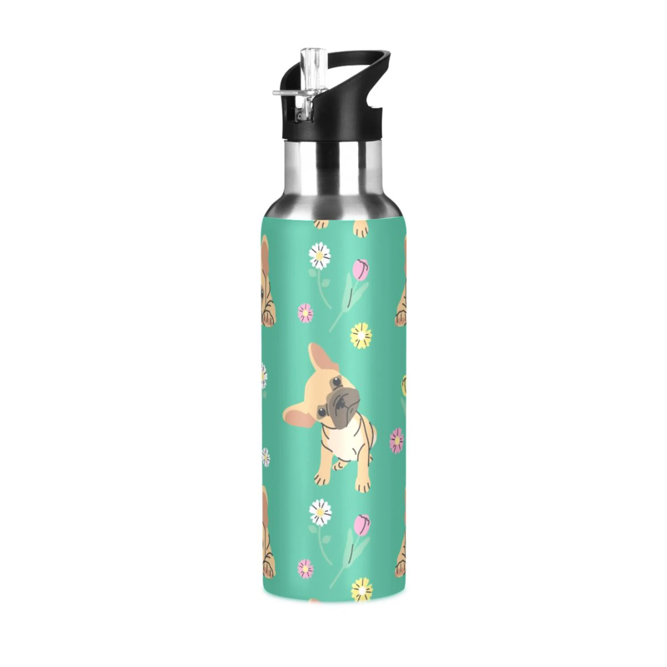 Water Bottle with Straw Lid Leak Dogs and Flowers on Green Stainless Steel Insulated Thermos Vacuum Flask for Cold Hot Drinking for Sports Camping Gym Yoga