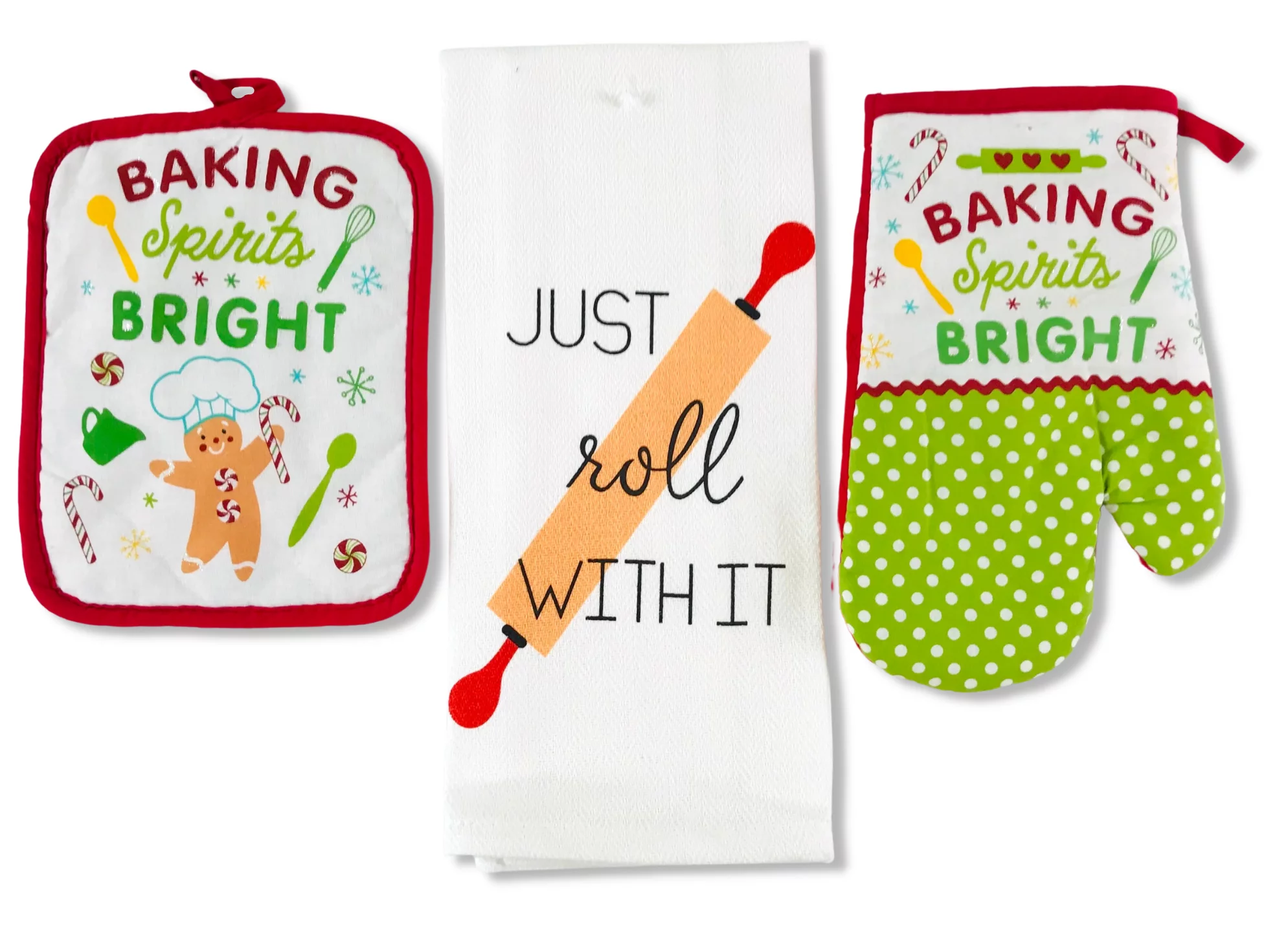 Serafina Home Winter Christmas Kitchen Towels Pot Holders Set: Fun Gingerbread Man Baking Spirits Bright