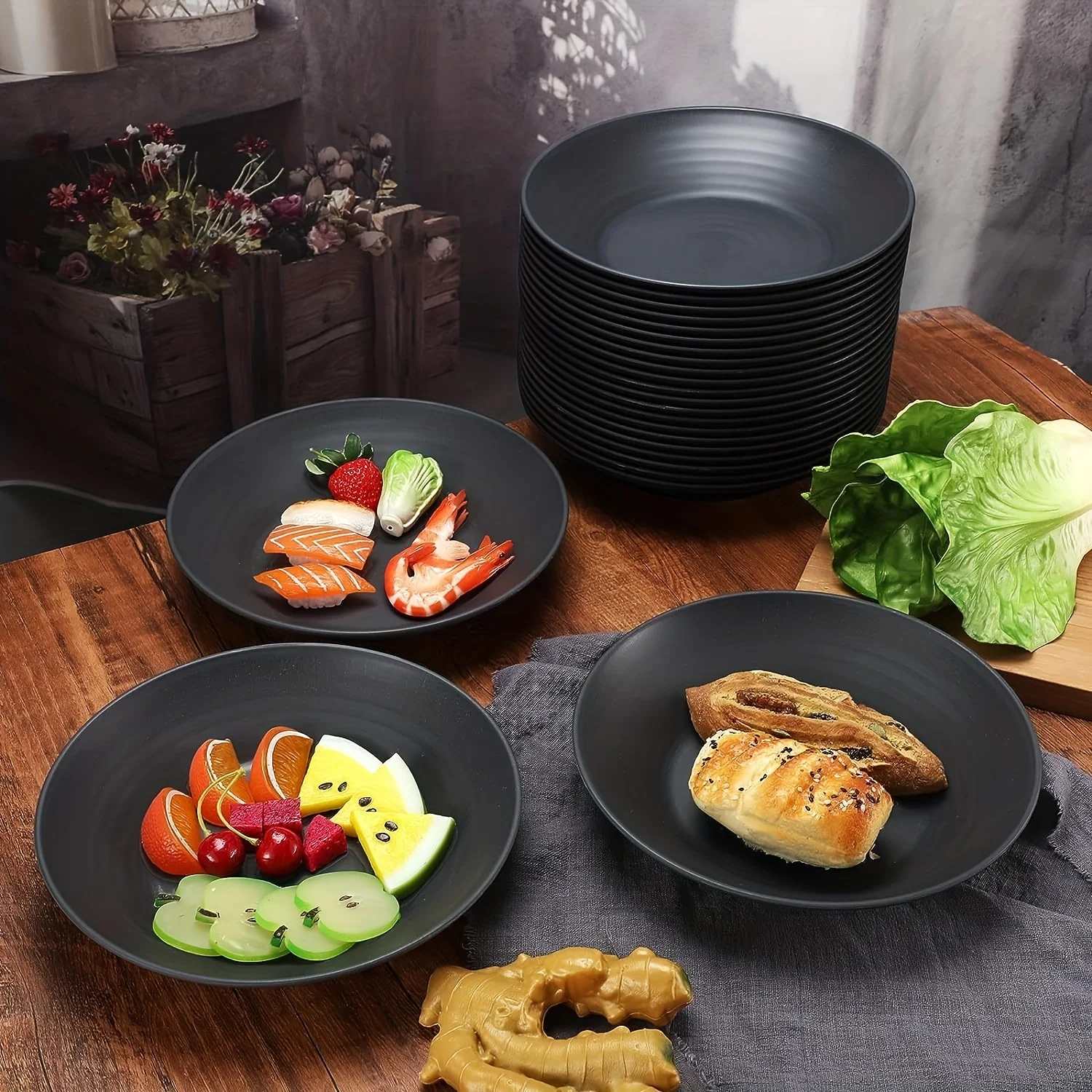 6 Pcs 9 Inch Wheat Straw Tray, Lightweight Plastic Dish Cutlery Unbreakable Reusable Dishwasher Microwave Kitchen Cutlery Deep Dinner Plate, Reusable Wheat Straw Dinnerware, Plastic Plates Alternative