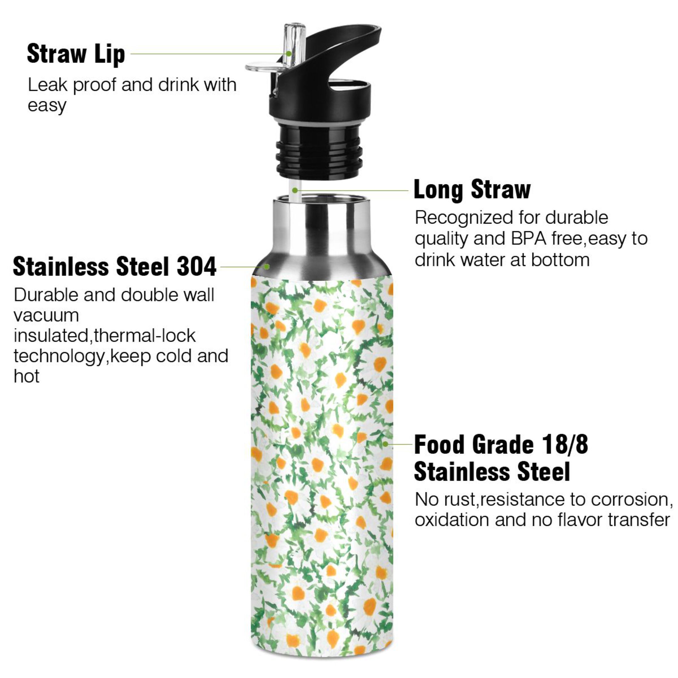 Water Bottle with Straw Lid Leak Chamomile with Green Stainless Steel Insulated Thermos Vacuum Flask for Cold Hot Drinking for Sports Camping Gym Yoga