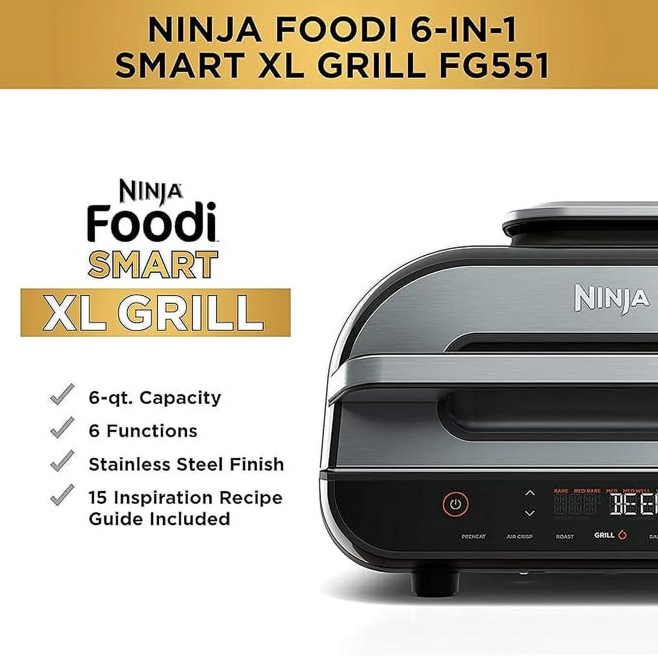Open Box Ninja FG551 Foodi Smart XL 6-in-1 Grill Air Fryer No Accessories - Black/Silver