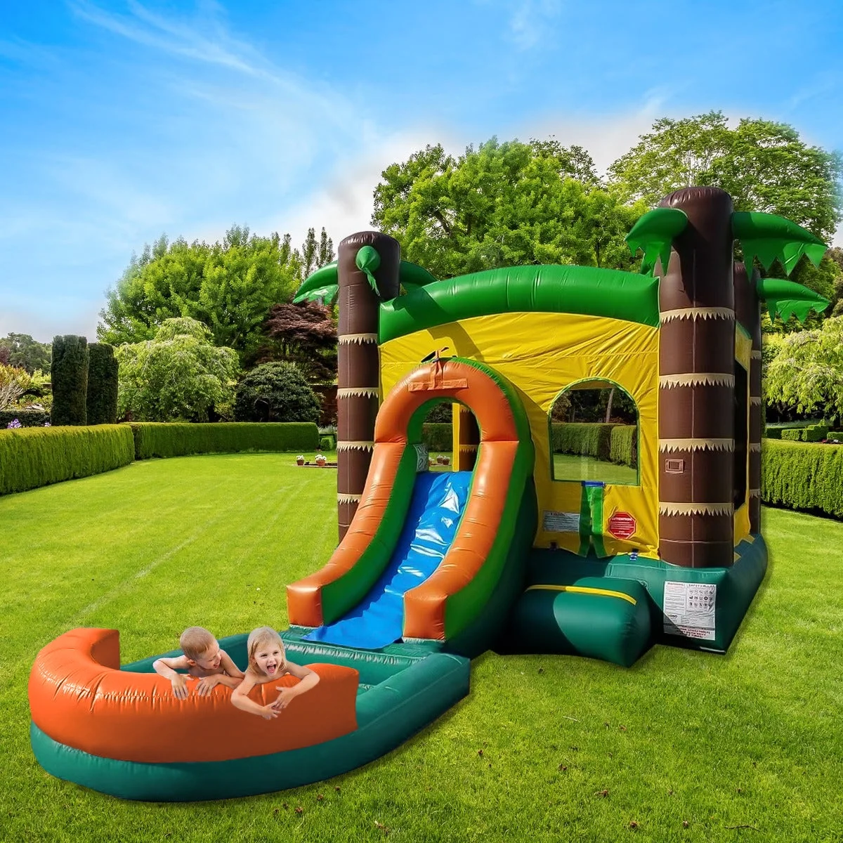 Pogo Bounce House Crossover Bounce House with Slide and Non-removable Splash Pool, Tropical, No Blower