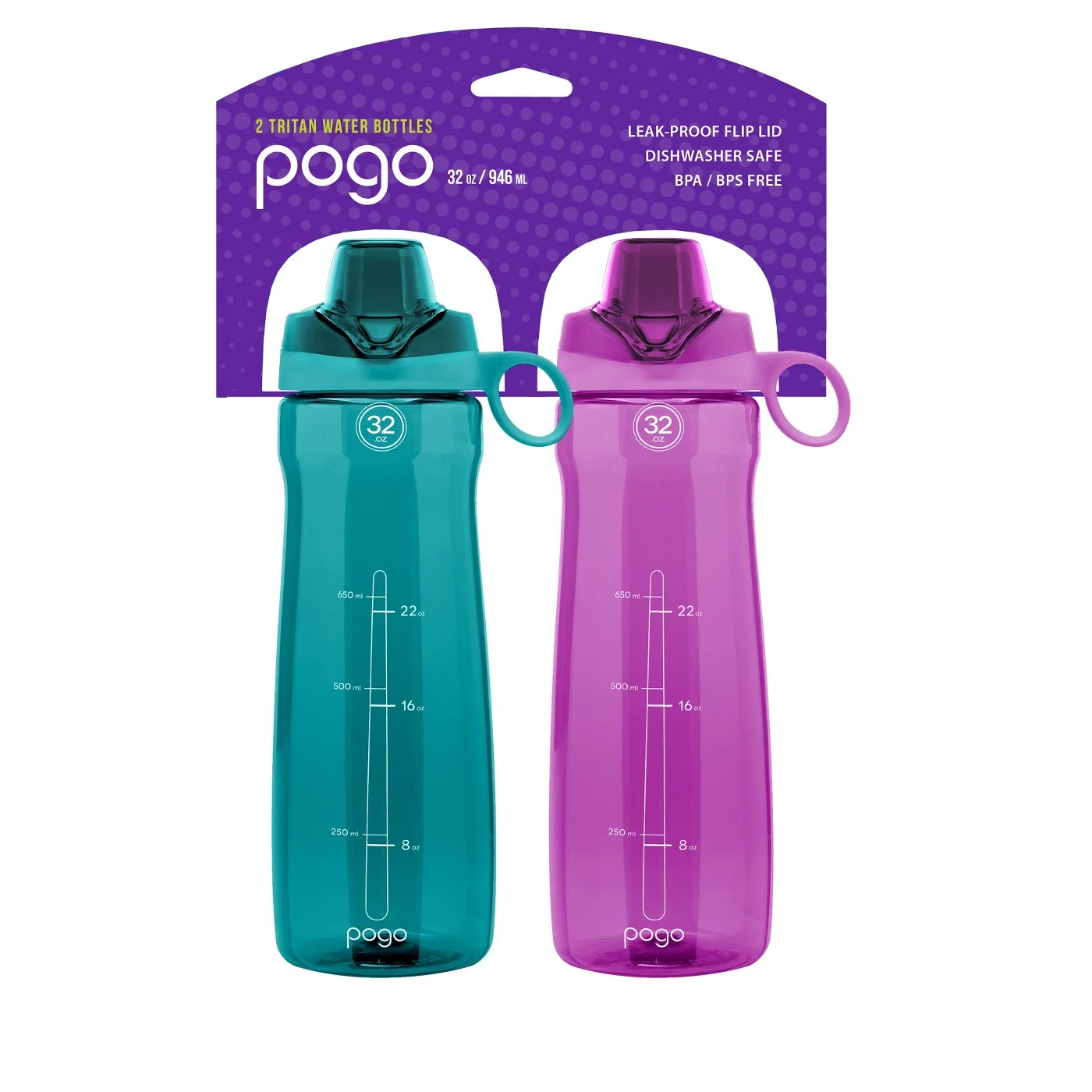 Pogo 32oz Tritan Chug Water Bottle 2pk - Fuchsia/Teal - NEW
